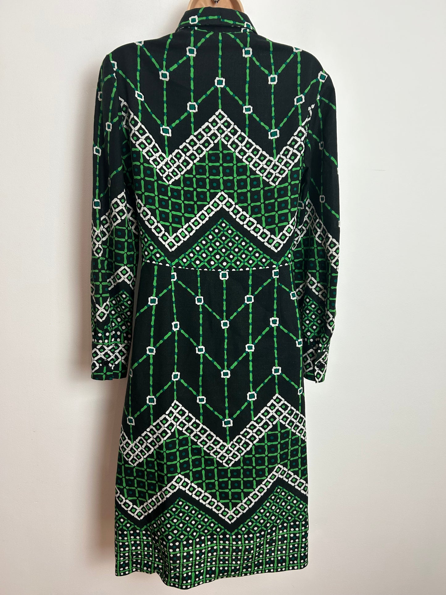 Vintage 1970s Size 12 Dark Green Geo Print Long Sleeve Pleated Mod Day Dress