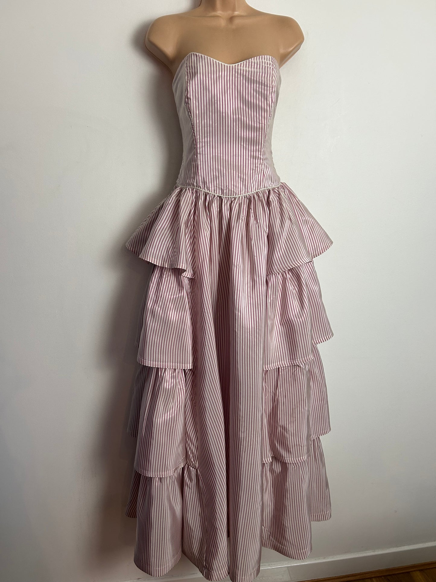 Vintage 80s LAURA ASHLEY UK Size 8 (Size 12 On Label) Strapless Pale Pink & White Stripe Tiered Full Length Ballgown