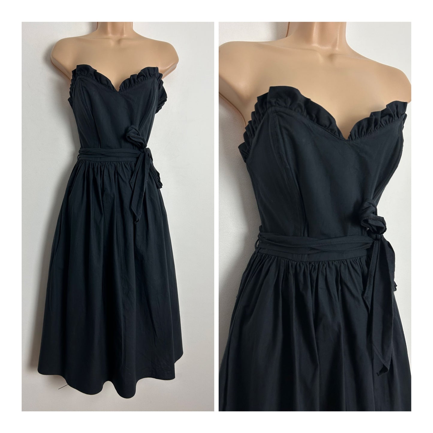 Vintage 1980s DOROTHY PERKINS UK Size 8 Black 100% Cotton Strapless Belted Party Prom Dress