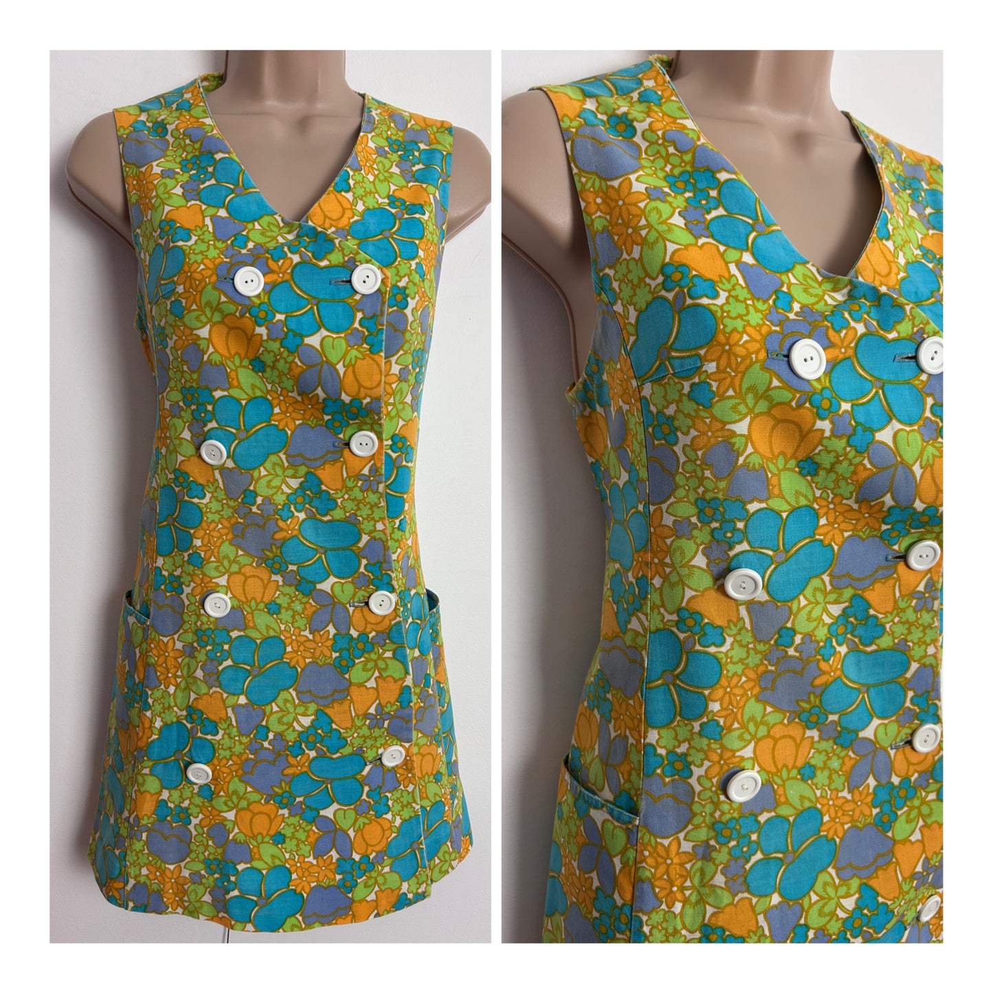 Vintage 1960s UK Size 8 Cute Blue Orange White & Green Floral Print Double Breasted Mini Mod Shift Dress