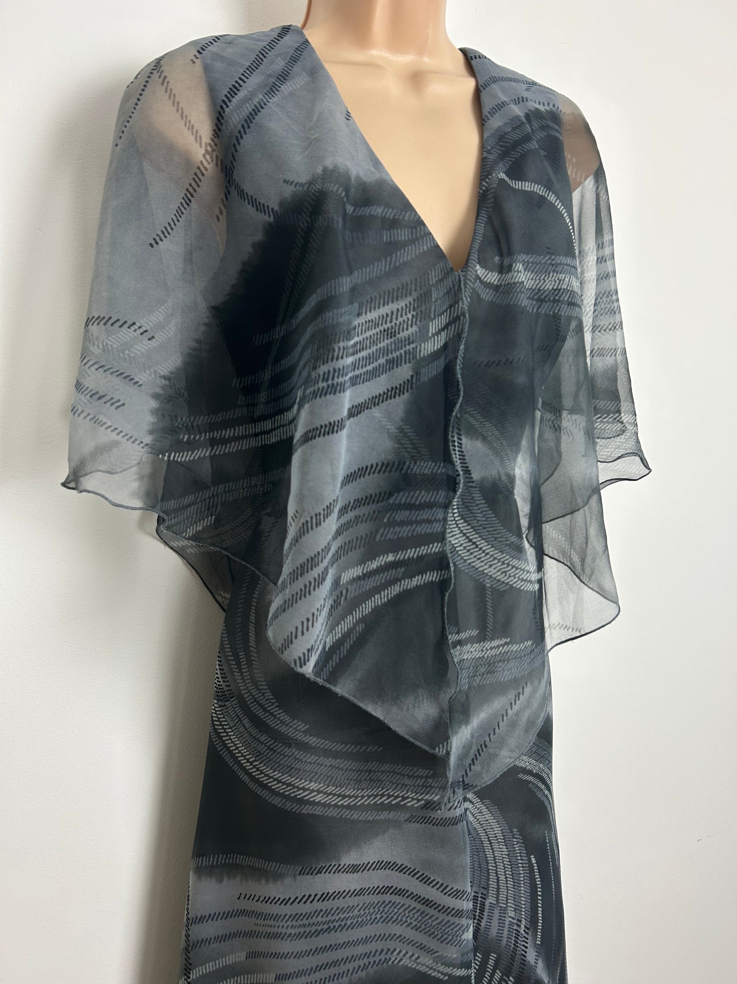 Vintage 1970s Size 10-12 Grey Tones Chiffon Polyester Cape Sleeve Boho Maxi Dress