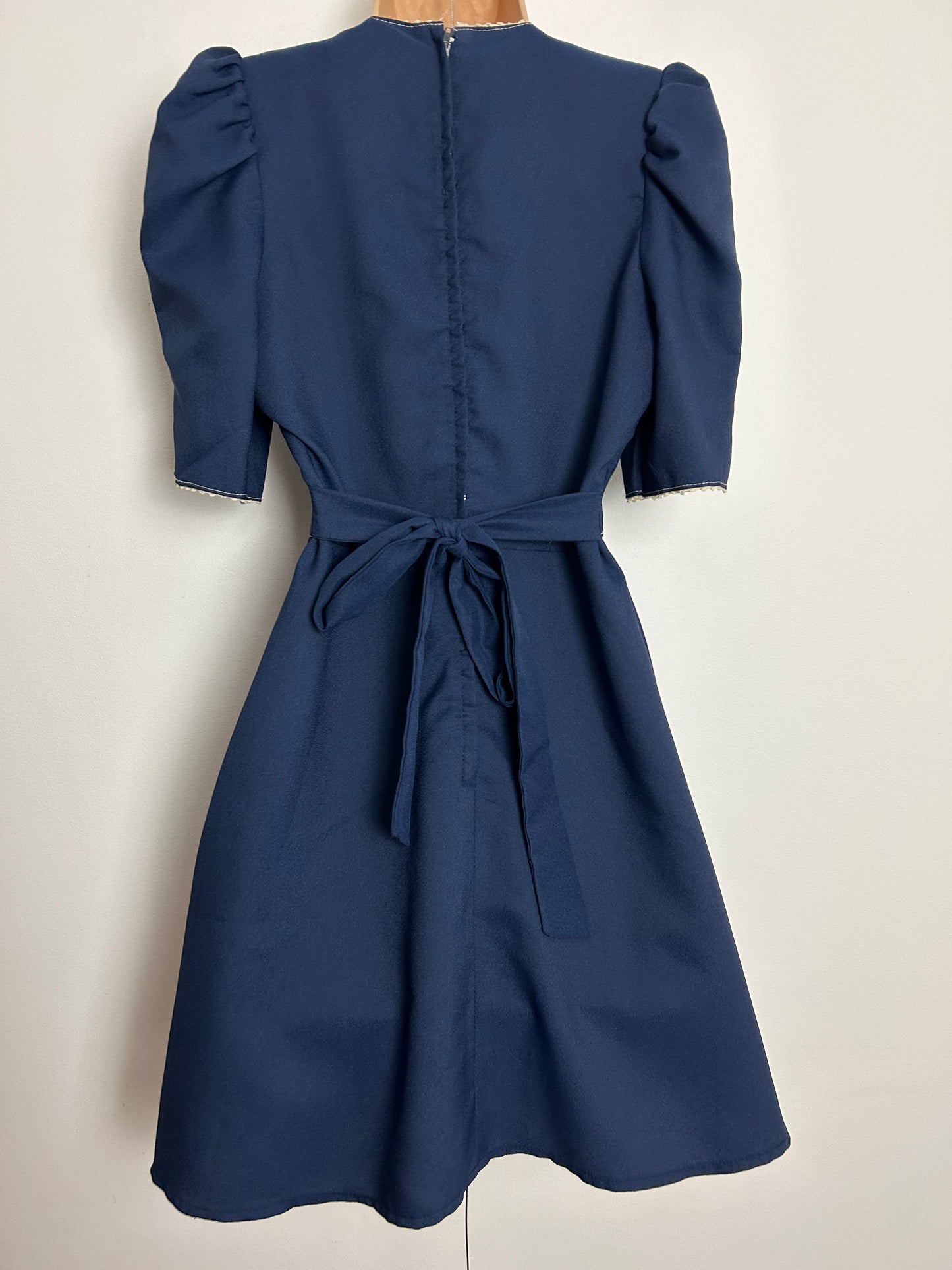 Vintage Early 1970s PETALS UK Size 6-8 Navy Blue Button & Tab Detail Fit & Flare Mod Dolly Dress