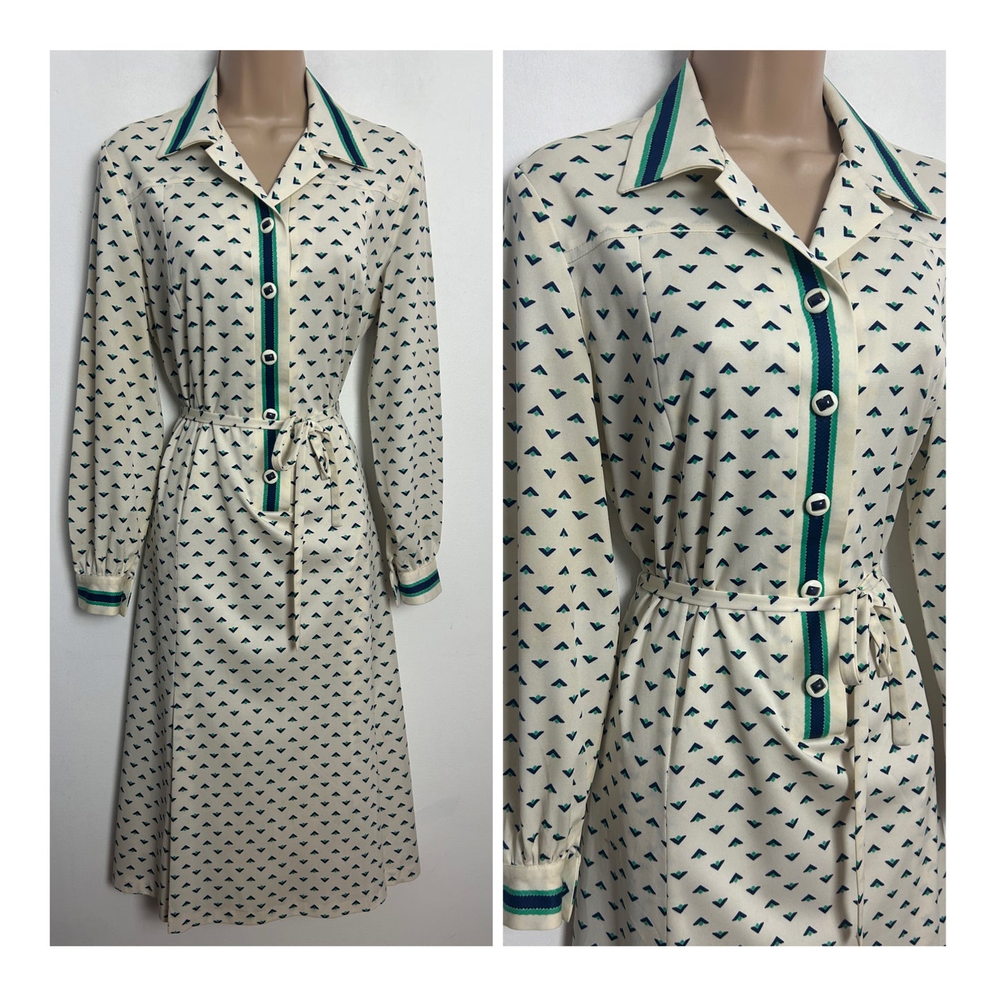 Vintage 1970s Size 12 Cream Blue & Green V Geo Print Long Sleeve Belted Mod Day Dress