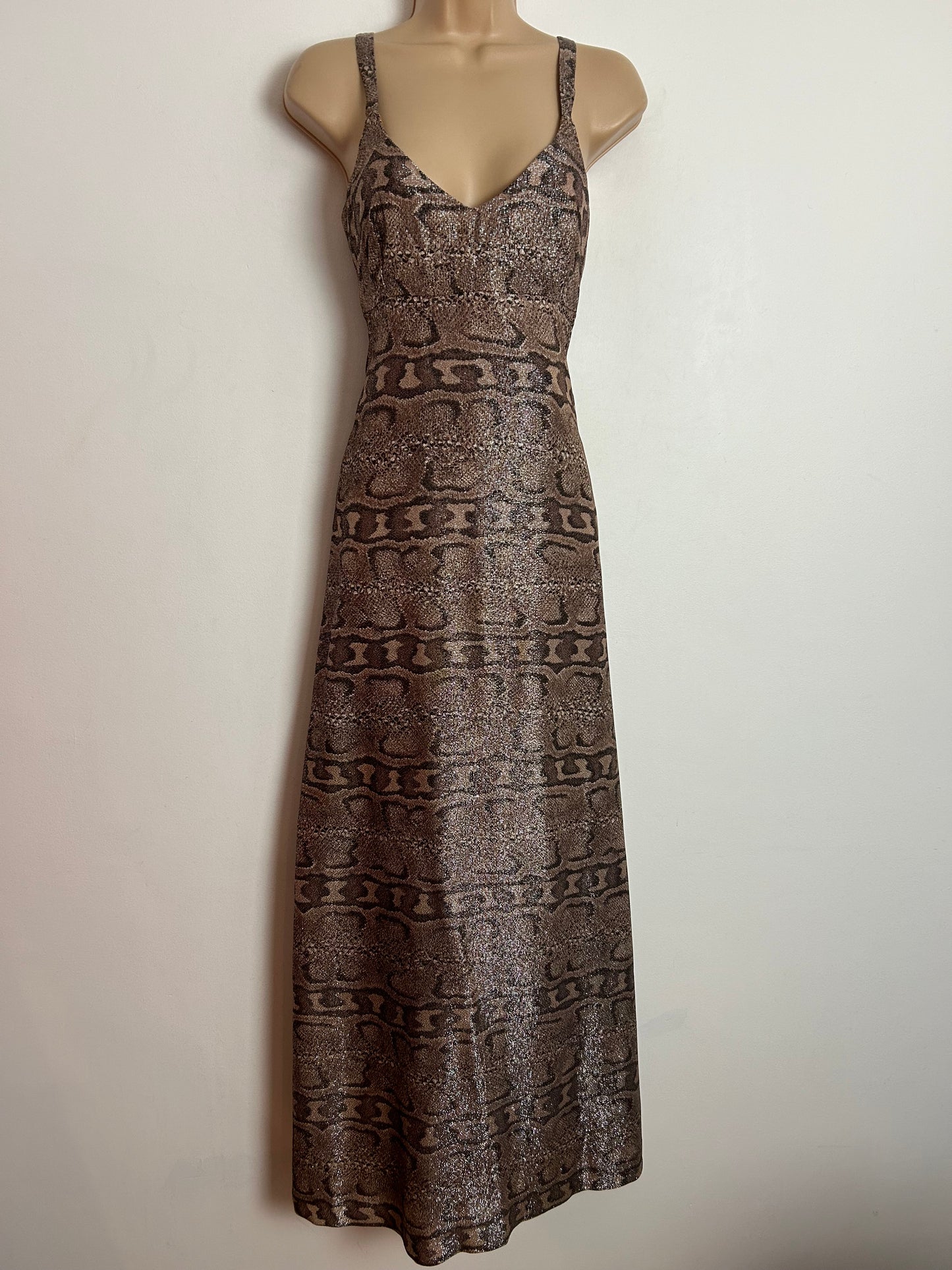 Vintage 1970s JINTYS LONDON UK Size 10 Brown Tones Lurex Animal Print Party Evening Maxi Dress