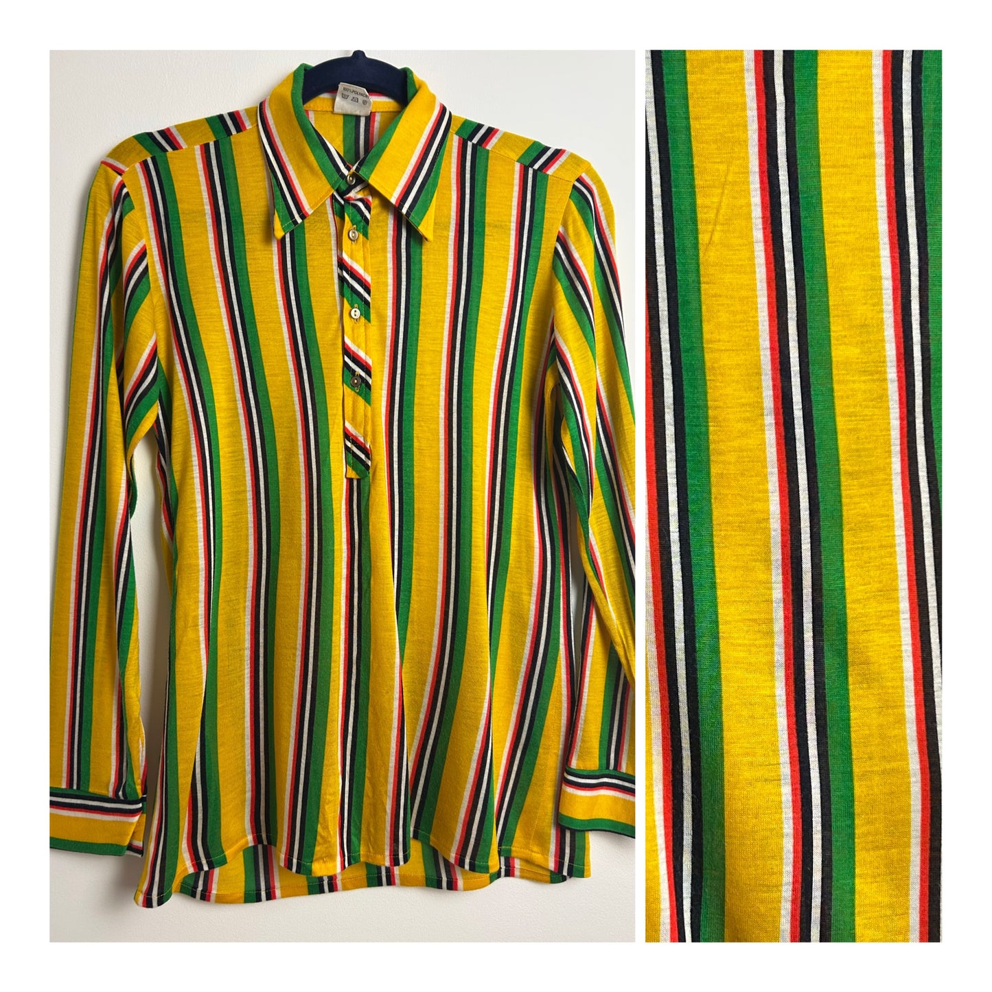 Vintage 1970s Size 8-10 Yellow Green White & Red Stripe Print Long Sleeve Shirt