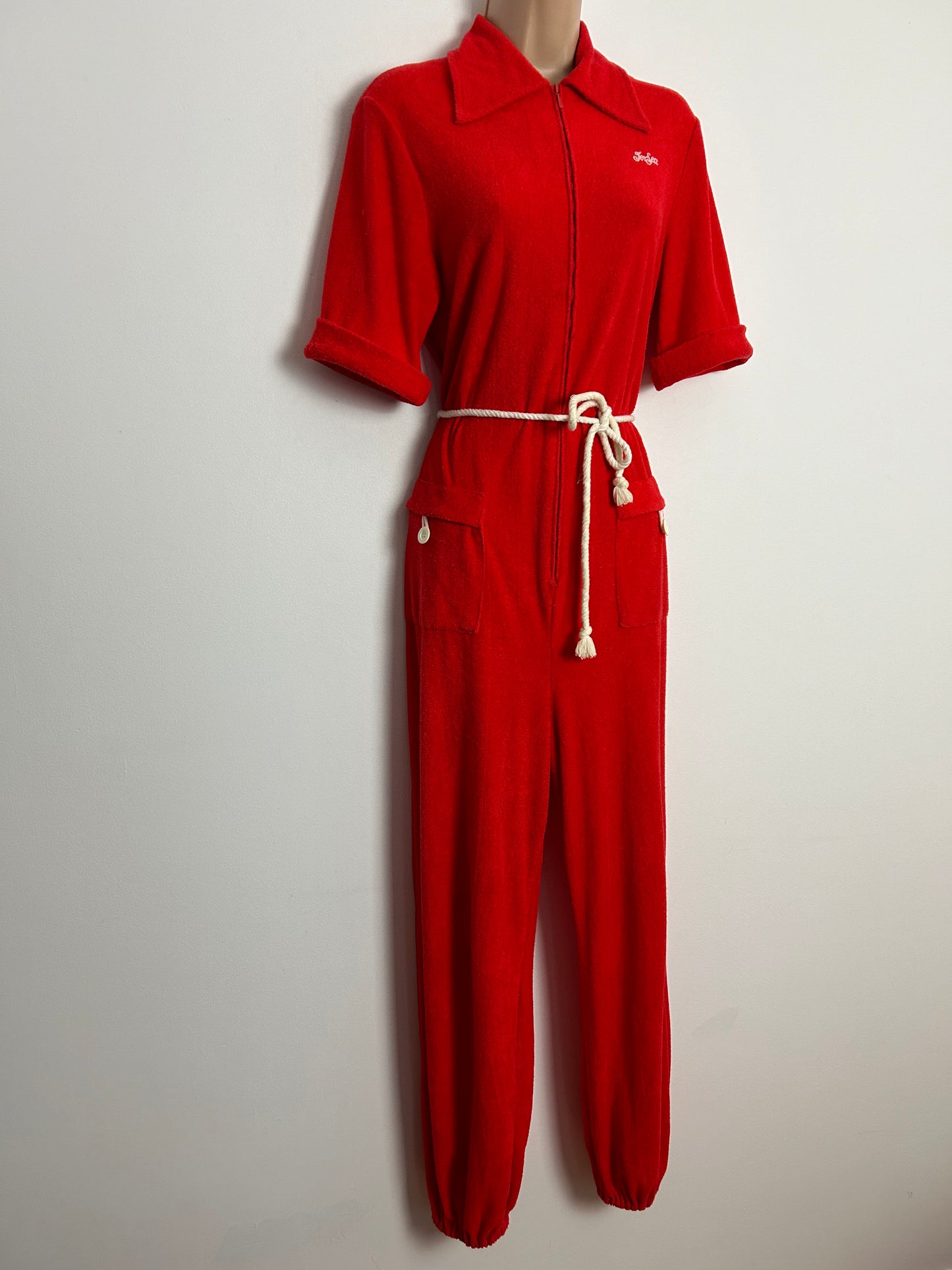 Vintage 1970s JER-SEA OF SWEDEN UK Size 12-14 Red Soft Towelling Belted Pocket Detail Zip Fronted Cuffed Ankle Jumpsuit