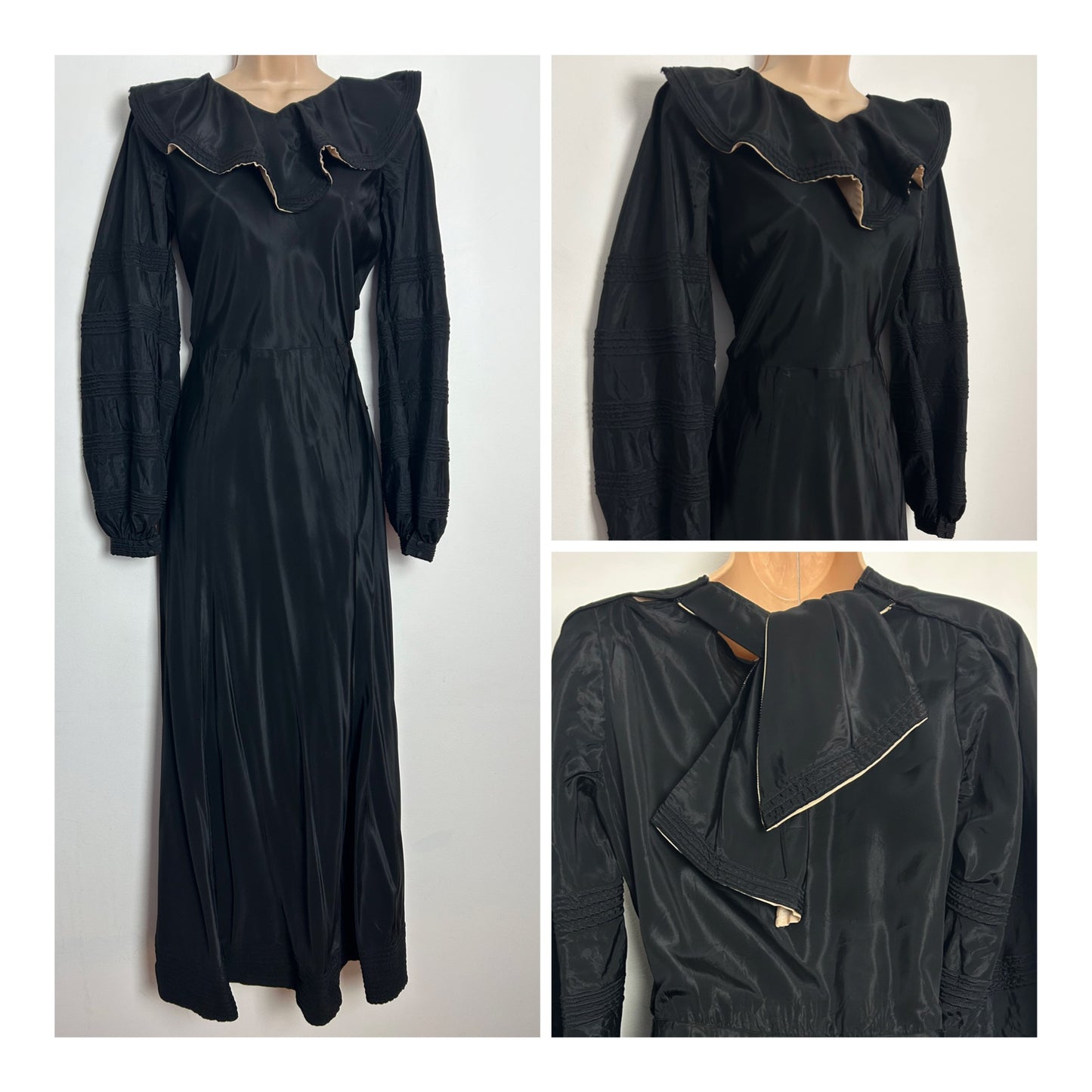 Vintage Collectable Antique 1930s Size 8 Homemade Black Satin Acetate Ruffle Collar Maxi Dress