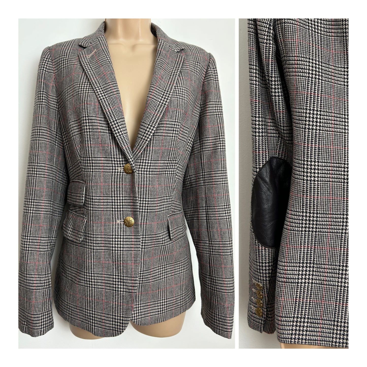 Modern J Crew Size 10 Houndstooth Check Wool Mix Blazer With Elbow Patches