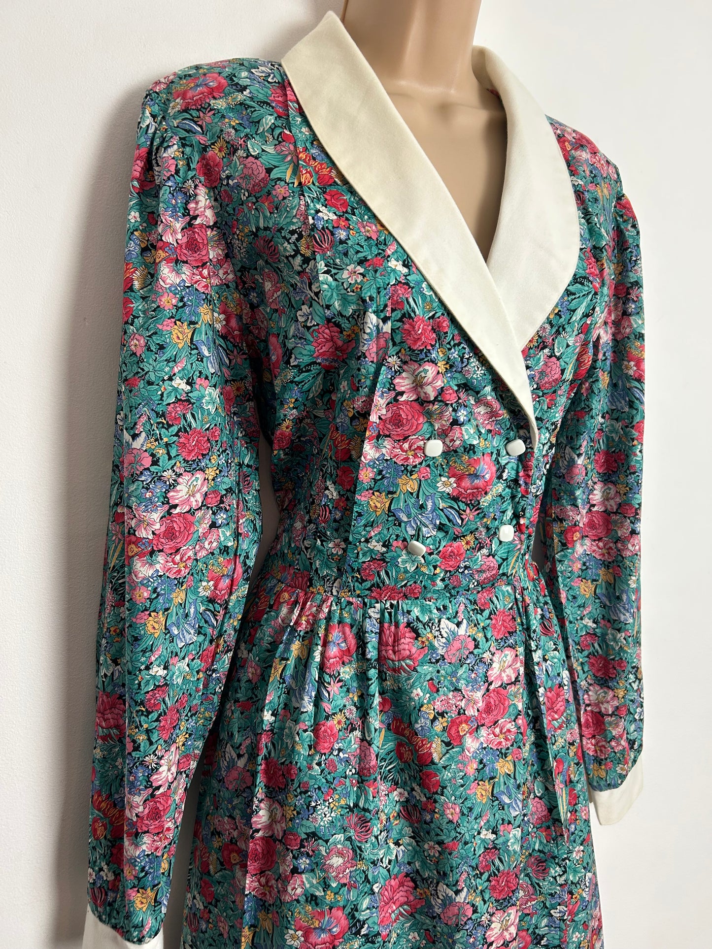 Vintage 1980s MARION DONALDSON UK Size 12 Black Green & Coral Floral LIBERTY Print Mock Wrap Cotton Day Dress