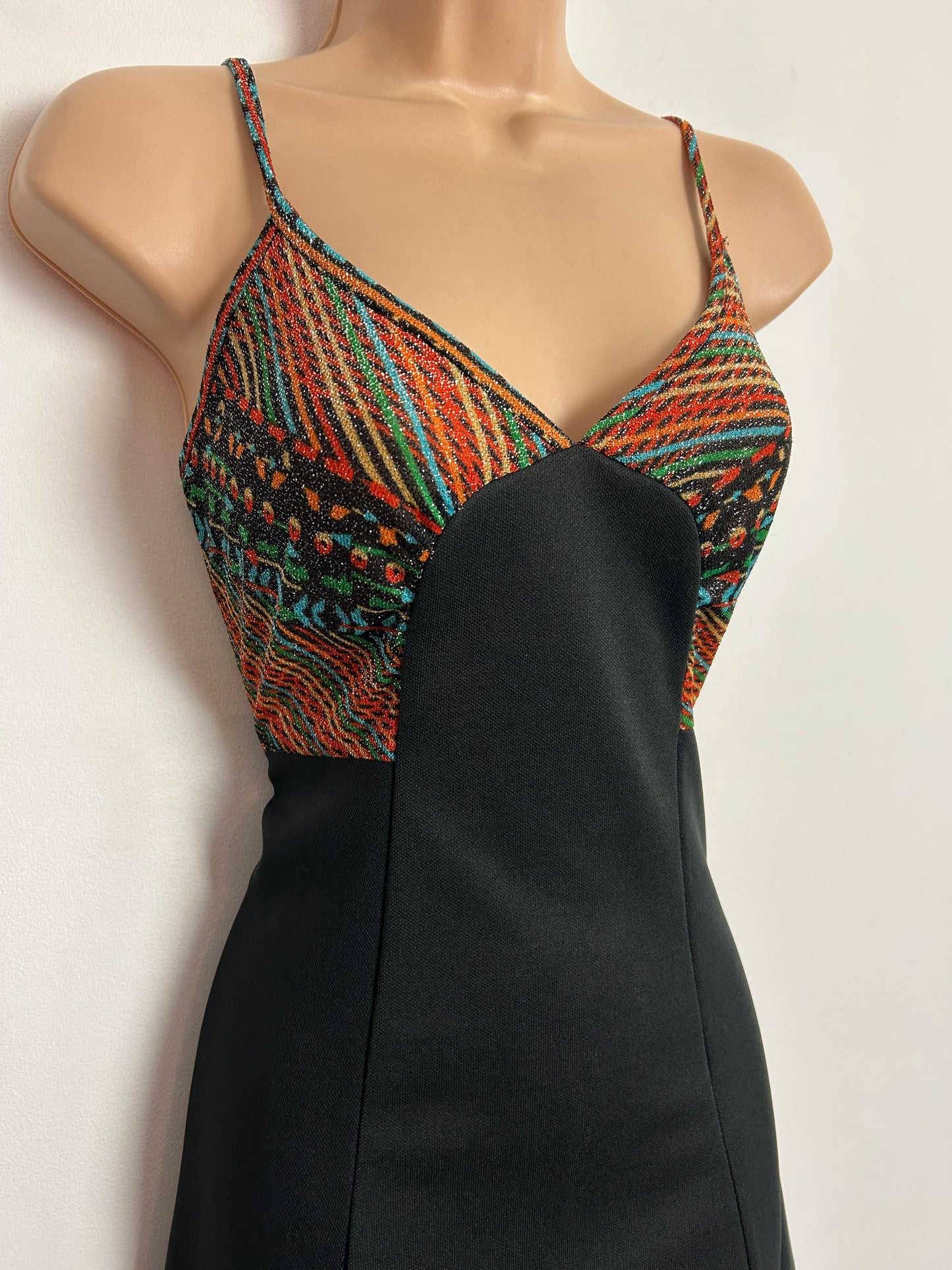 Vintage 1970s UK Size 10 Black Orange Green Blue Lurex Strappy Midi Party Dress
