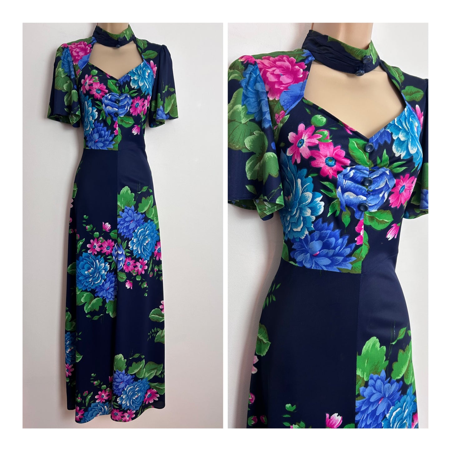Vintage 1970s UK Size 6 Navy Blue Pink & Green Floral Print Cut Out Choker Neck Maxi Dress