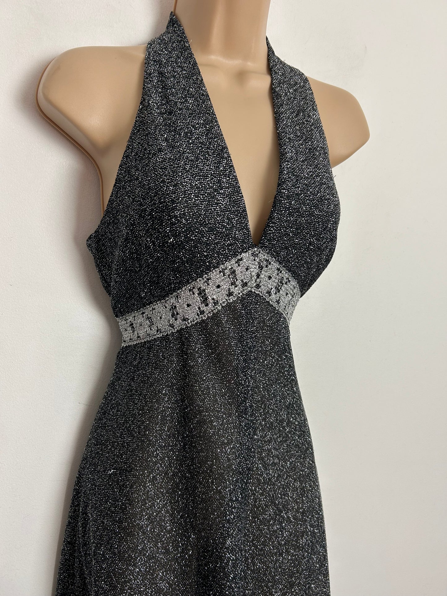 Vintage 1970s RICHARD SHOPS UK Size 8 Silver Lurex Plunge Neck Evening Maxi Dress
