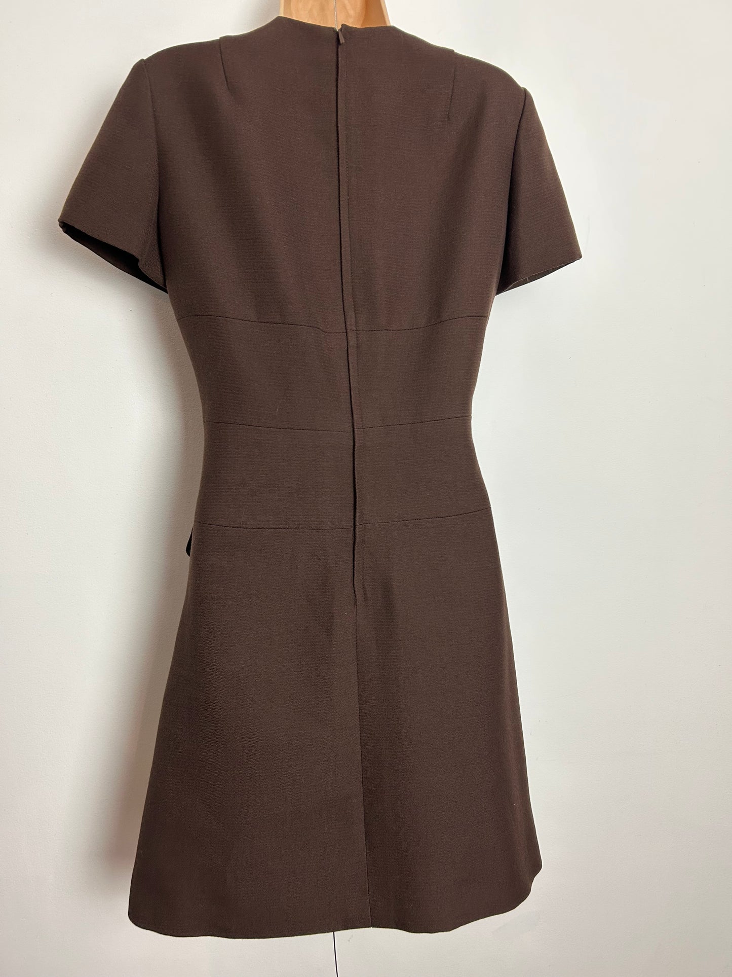 Vintage 1960s UK Size 10 Chocolate Brown Pure New Wool Military Style Short Sleeve Mod Dress