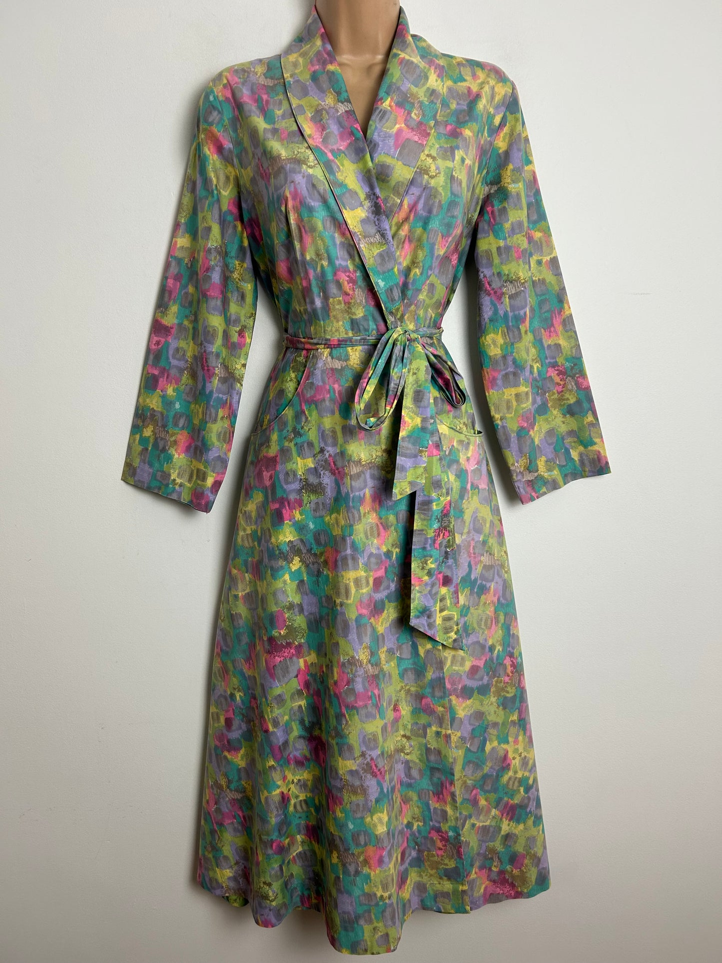 Vintage Late 1950s/Early 1960s Size 10-12 Green Pink Lilac & Turquoise Abstract Print Cotton Full Wrap Belted Day Dress