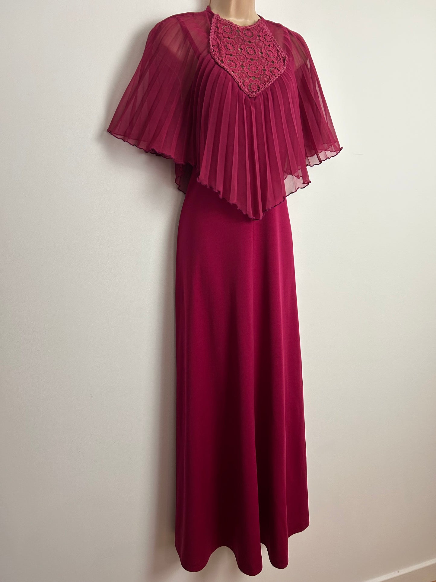 Vintage 1970s Size 12 Pretty Raspberry Pleated & Lace Cape Sleeve Boho Maxi Dress