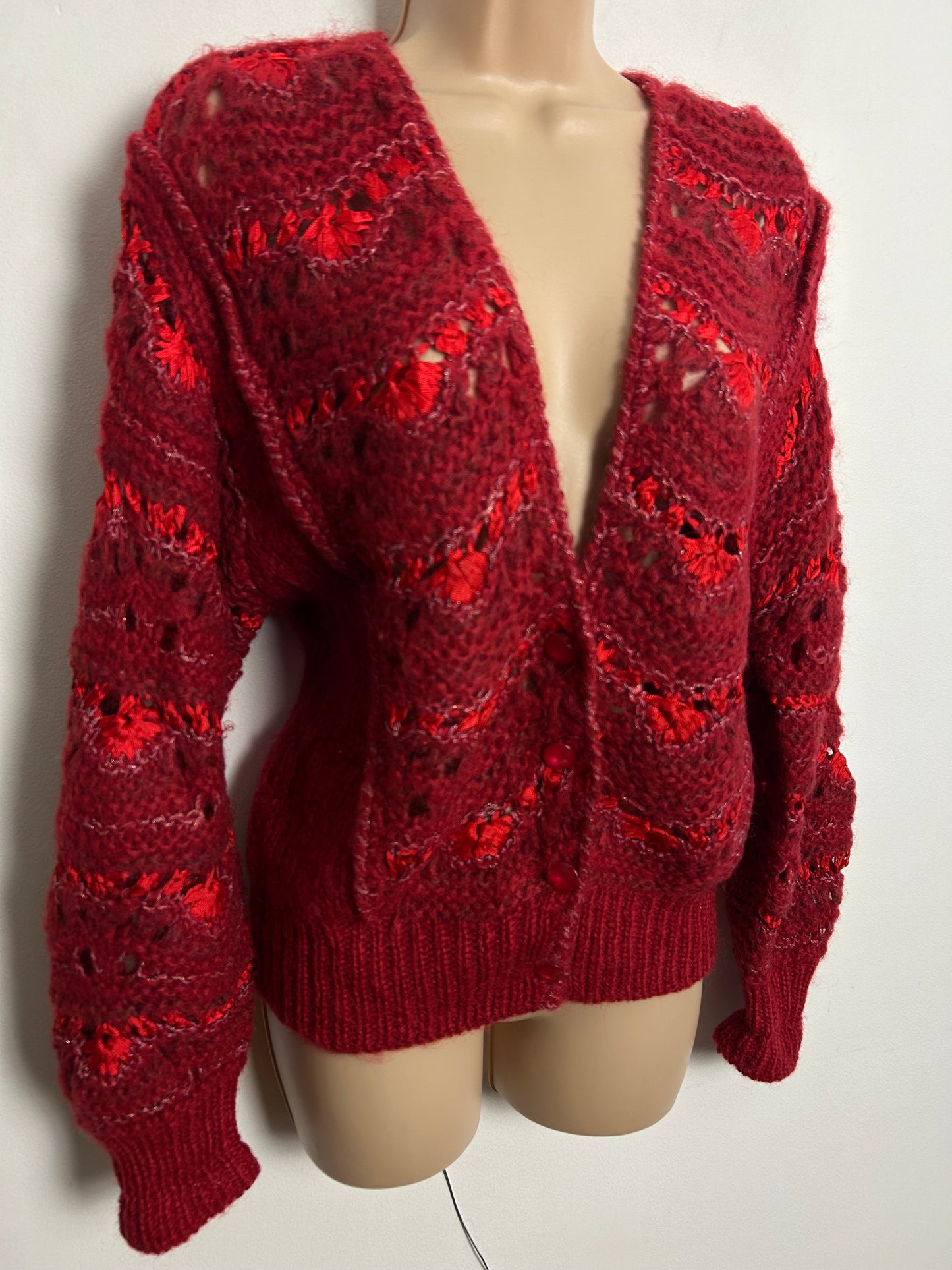 Vintage 1980s UK Size 10-12 Red Mohair & Ribbon Knit Long Sleeve Cardigan