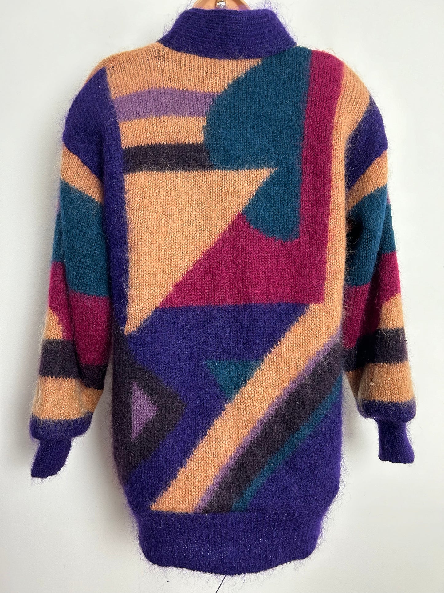 Vintage 1980s C&A One Size Up To Size 14 Purple Dark Pink Green & Sandy Beige Mohair Mix Cardigan/Coatigan
