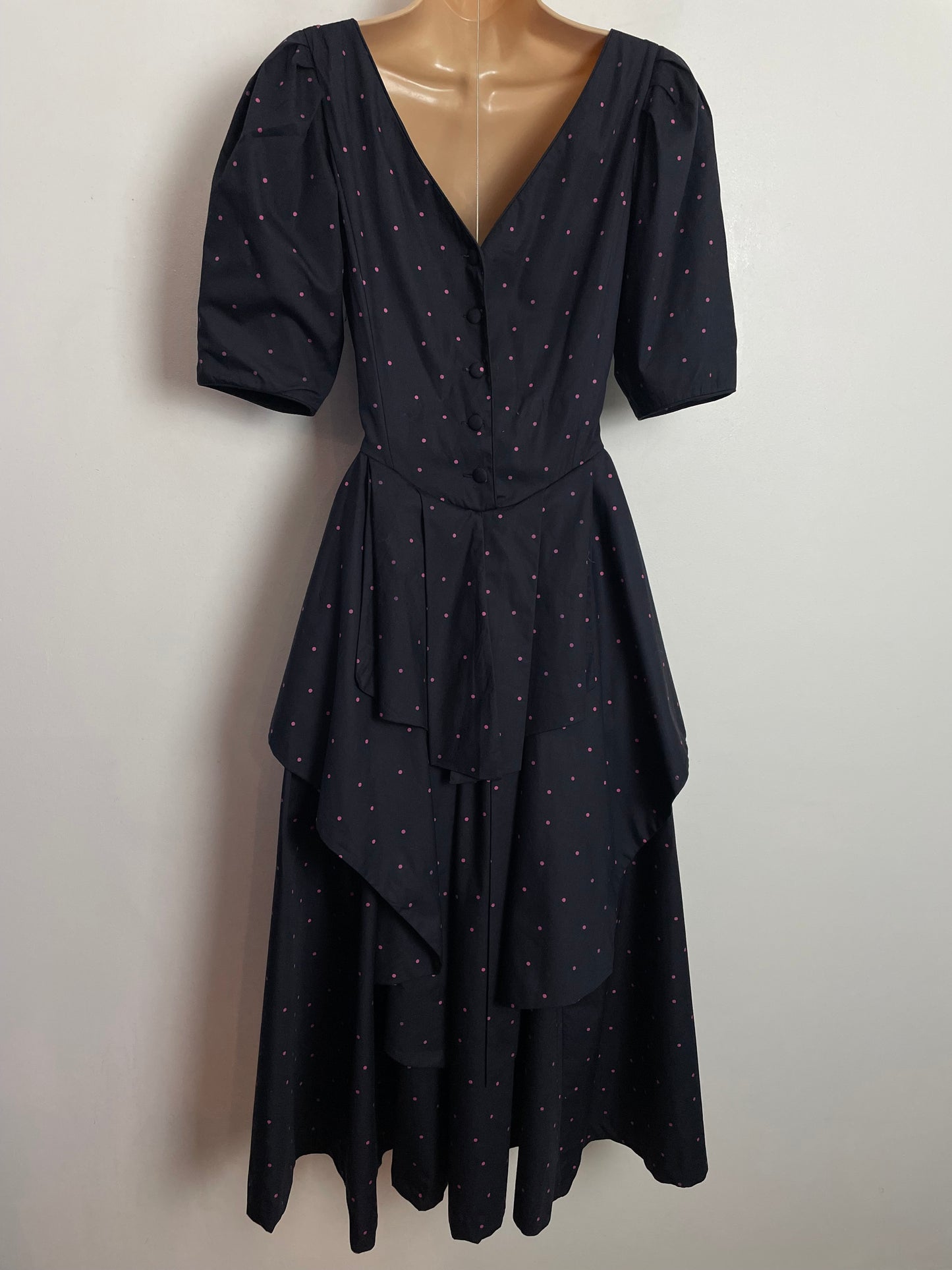 Vintage 1980s LAURA ASHLEY UK Size 10 ( Size 14 On Label) Black & Pink Polka Dot Print Midi Dress
