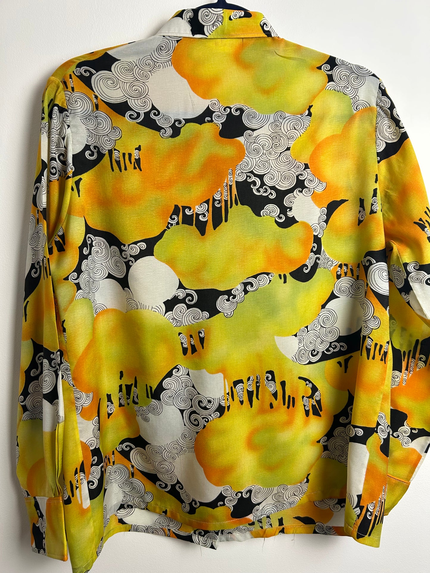 Vintage 1970s DUCHESSE Size 14-16 Yellow Orange Black & White Abstract Op Art Print Long Sleeve Shirt