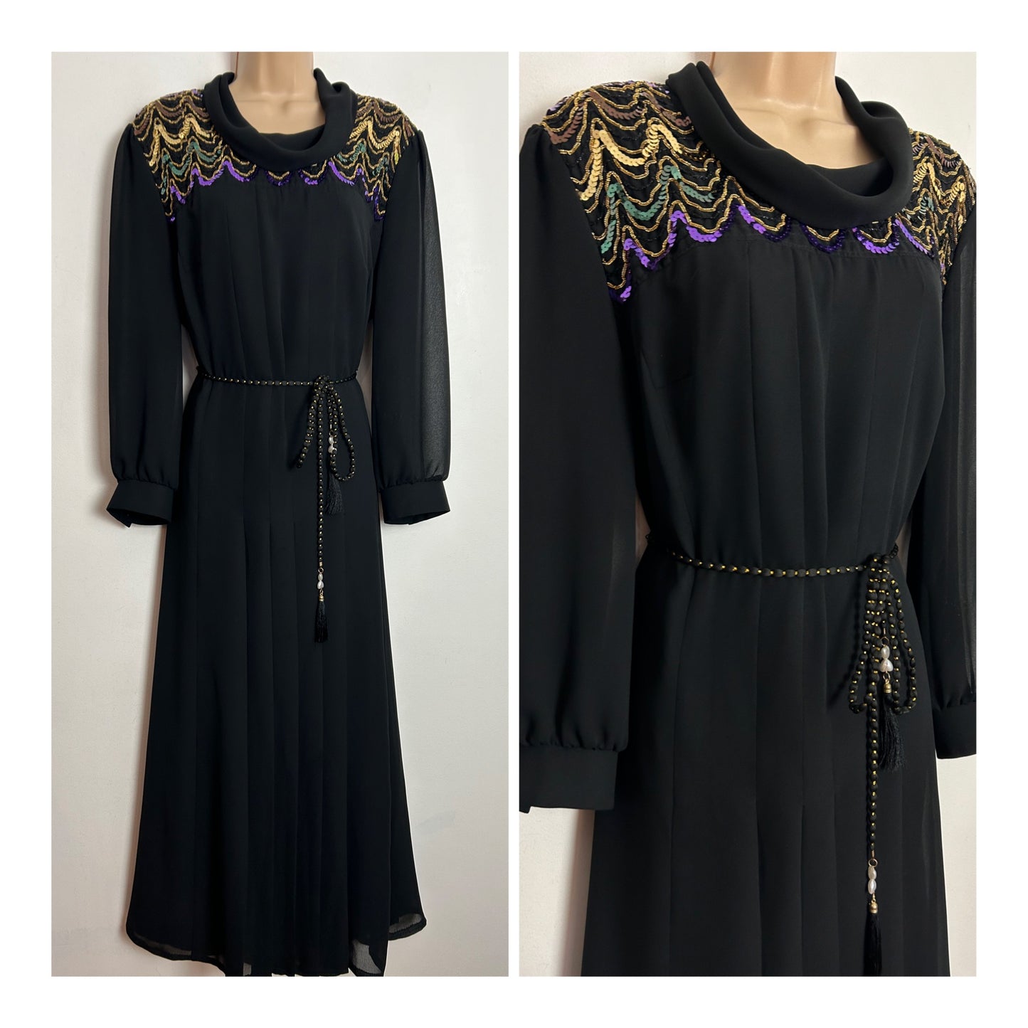 Vintage 1970s ESCO SPECIAL UK Size 16 Black Chiffon Gold & Purple Sequin & Braid Trim Belted Occasion Evening Maxi Dress