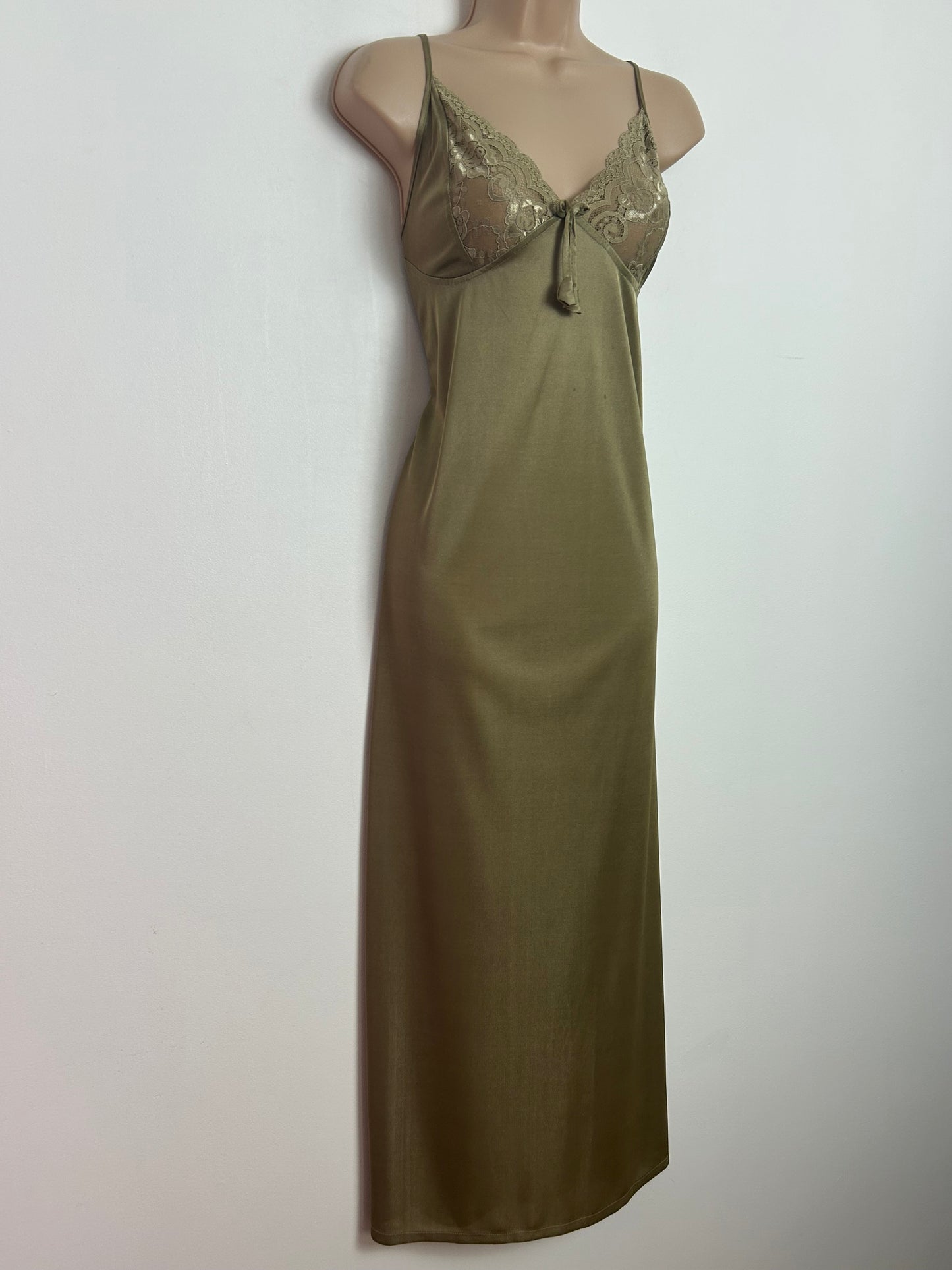 Vintage 1980s Size 10 Olive Brown Lace Trim Strappy Full Length Nightie Negligee Slip