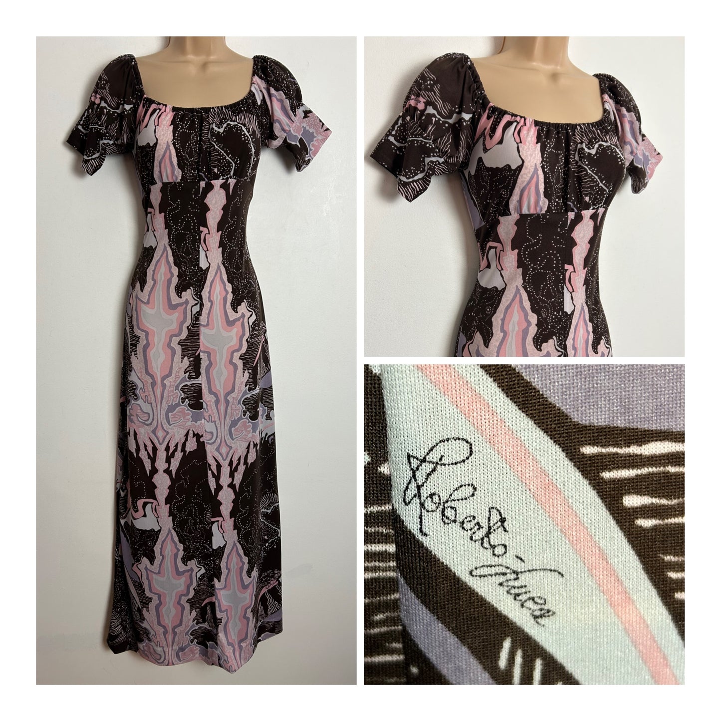 Vintage 1970s VERY RARE ROBERTA LUCA UK Size 6 Brown White Pink & Lilac Abstract Print Signed Fabric Maxi Dress