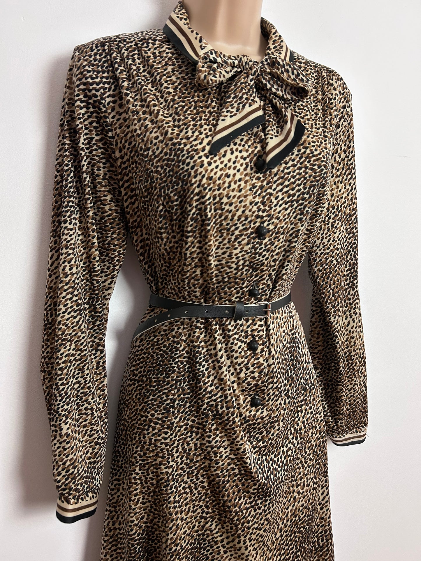 Vintage 1970s UK Size 14 Brown Tones Fleck Print Pussy Bow Long Sleeve Belted Day Dress