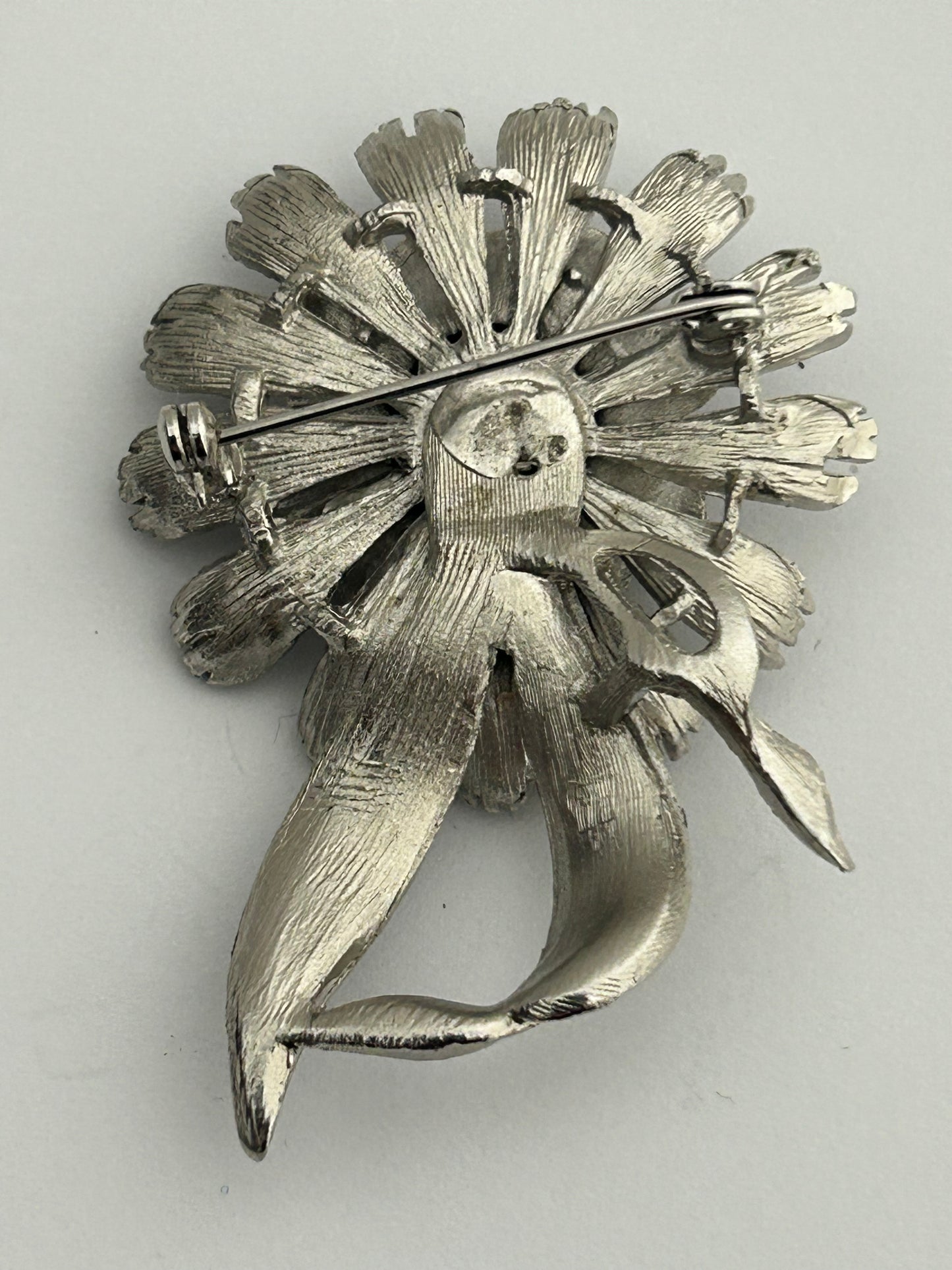 Vintage Large Silver Tone Base Metal Diamante Set Flower Pin Brooch