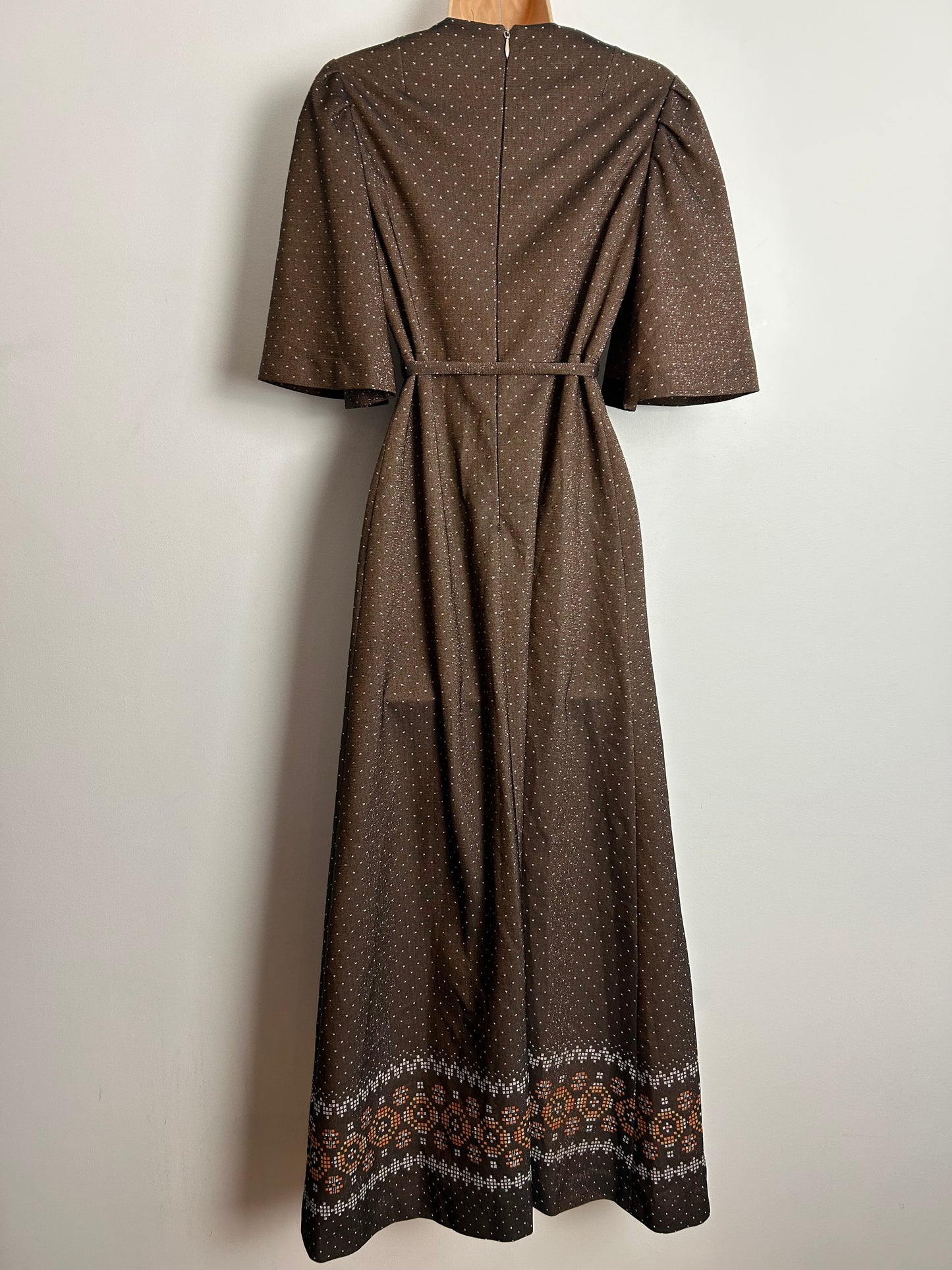 Vintage 1970s RICHARD BAKER UK Size 8 Brown & Silver & Polka Dot & Geo Pattern Lurex Maxi Dress