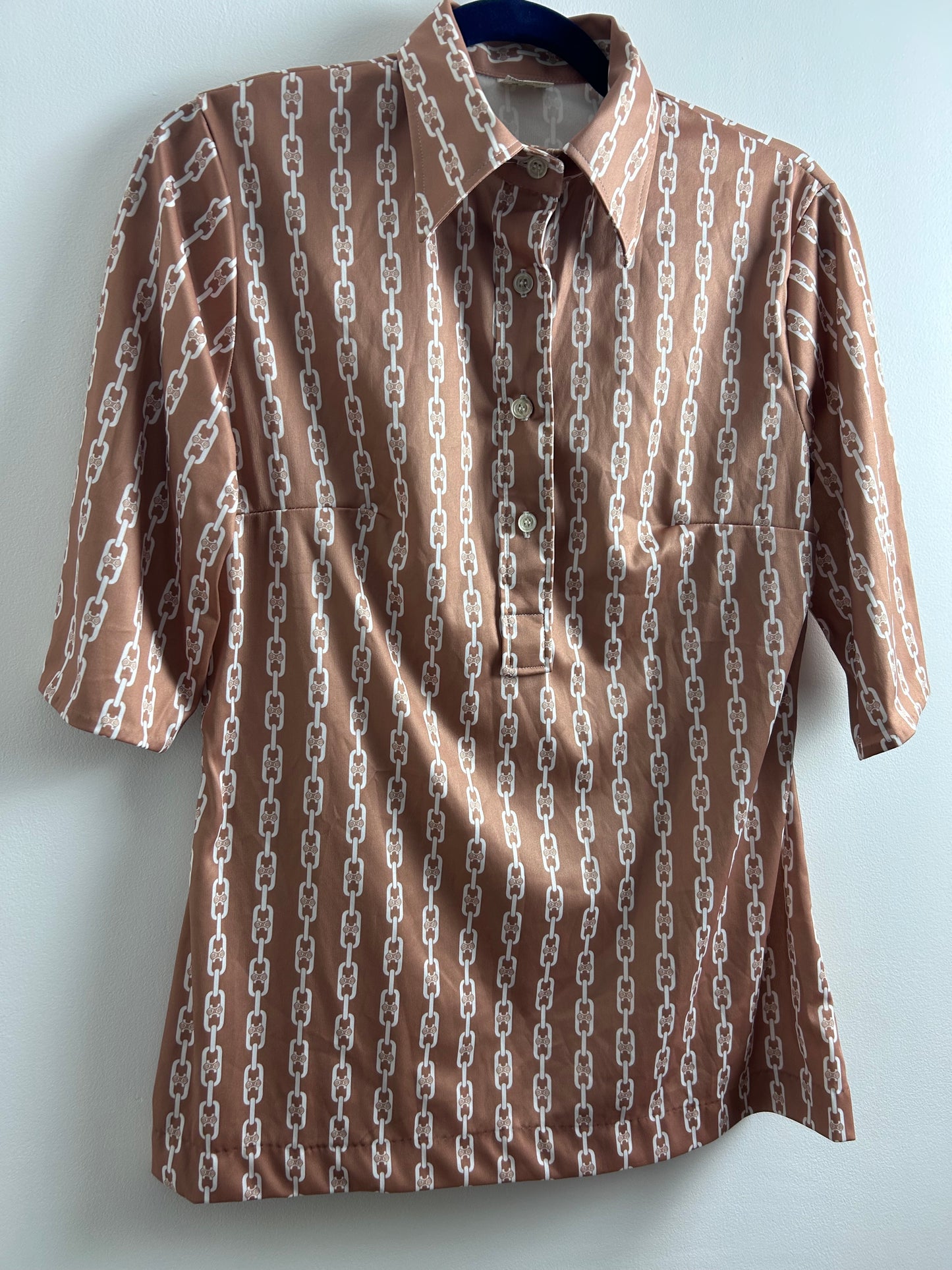Vintage 1970s UK Size 12 Sandy Brown & White Abstract Chain Print Long Sleeve Shirt