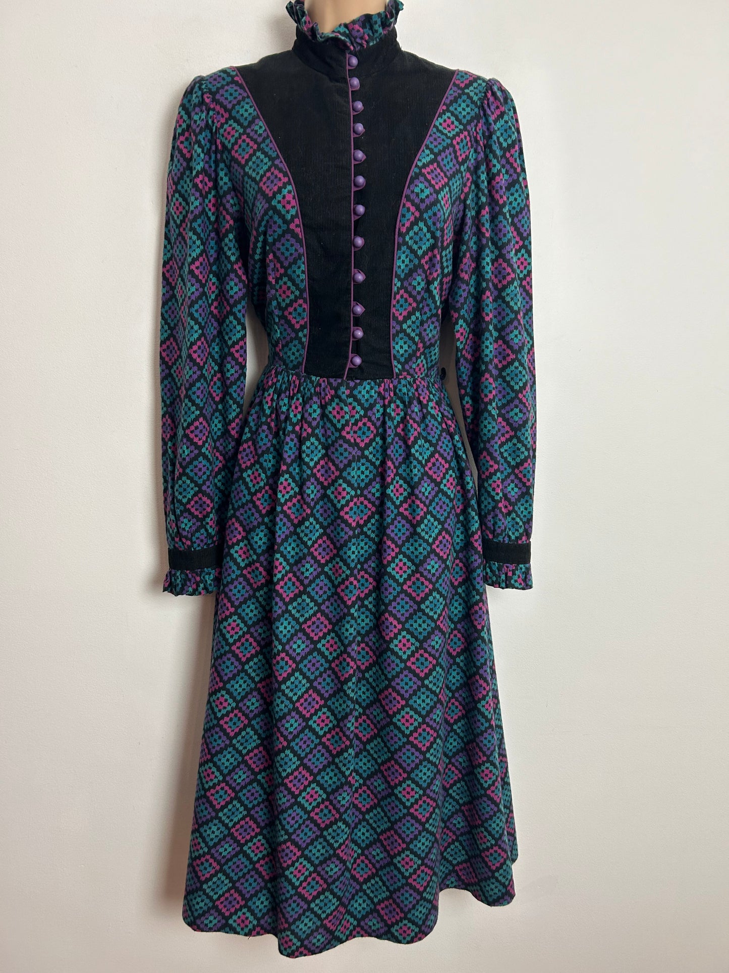 Vintage Late 1970s MARION DONALDSON UK Size 8 Black Turquoise Purple & Pink Wool Mix Cord Panel Victoriana Dress