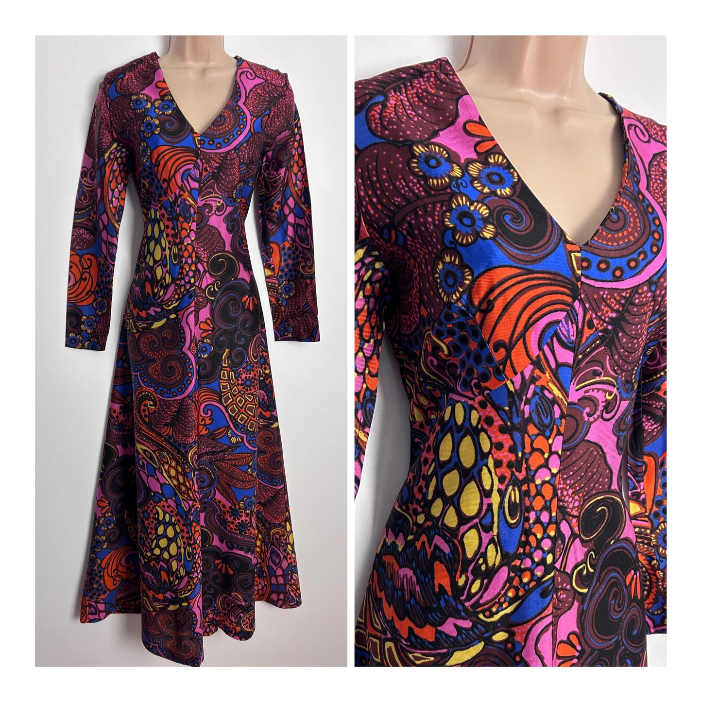 Vintage 1970s CONTESA UK Size 10 Black Brown Pink Orange & Blue Abstract Floral Print Long Sleeve Maxi Dress