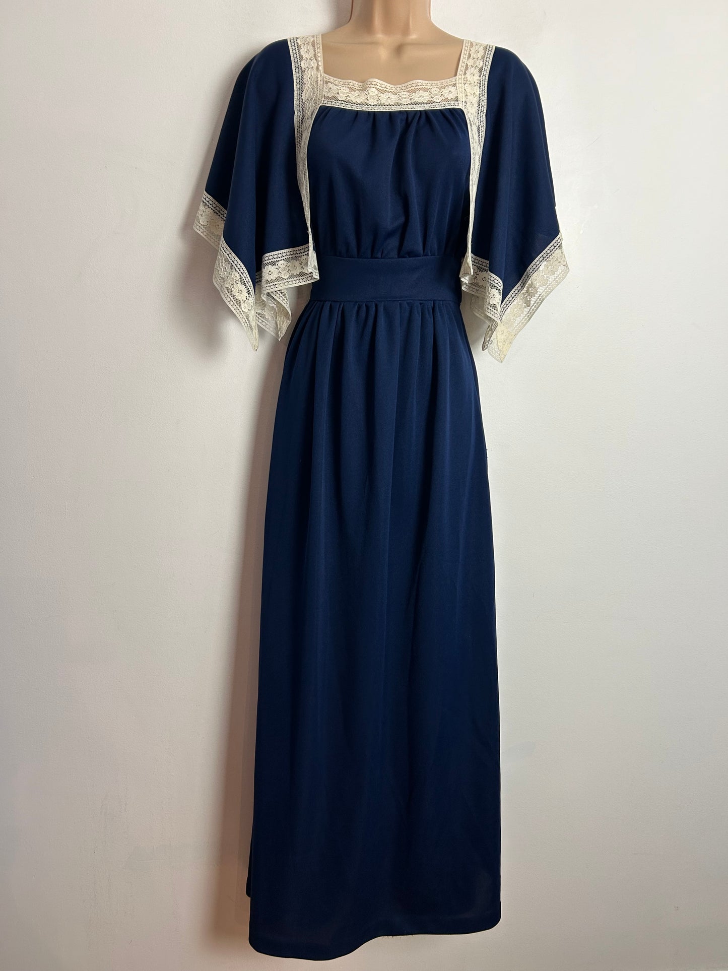 Vintage 1970s C&A UK Size 8 Navy Blue White Lace Trim Hanky Sleeve Boho Maxi Dress