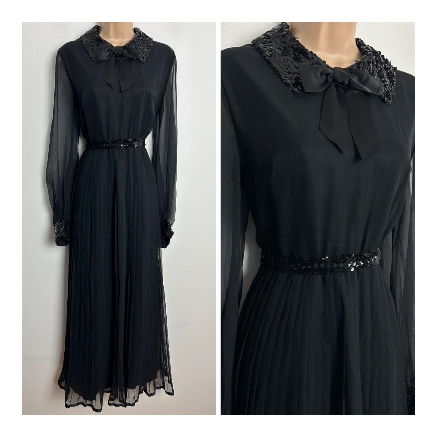 Vintage 1970s EMMA SOMERSET UK Size 14 Black Sequin Trim Bow Detail Long Sleeve Pleated Occasion Evening Maxi Dress