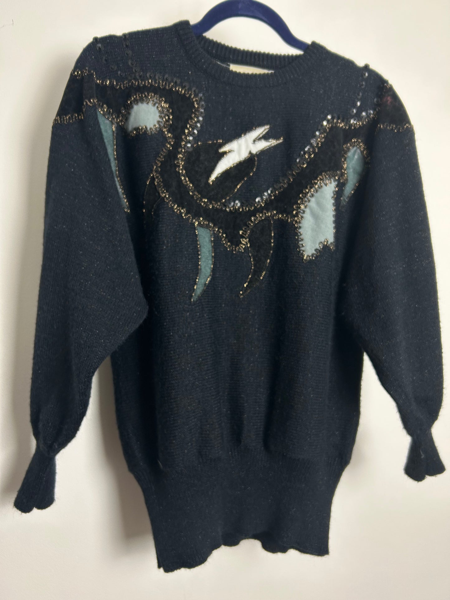 Vintage 1980s SERGIO RICO Size 12-14 Black Braid & Applique Detail Long Sleeve Slouchy Jumper