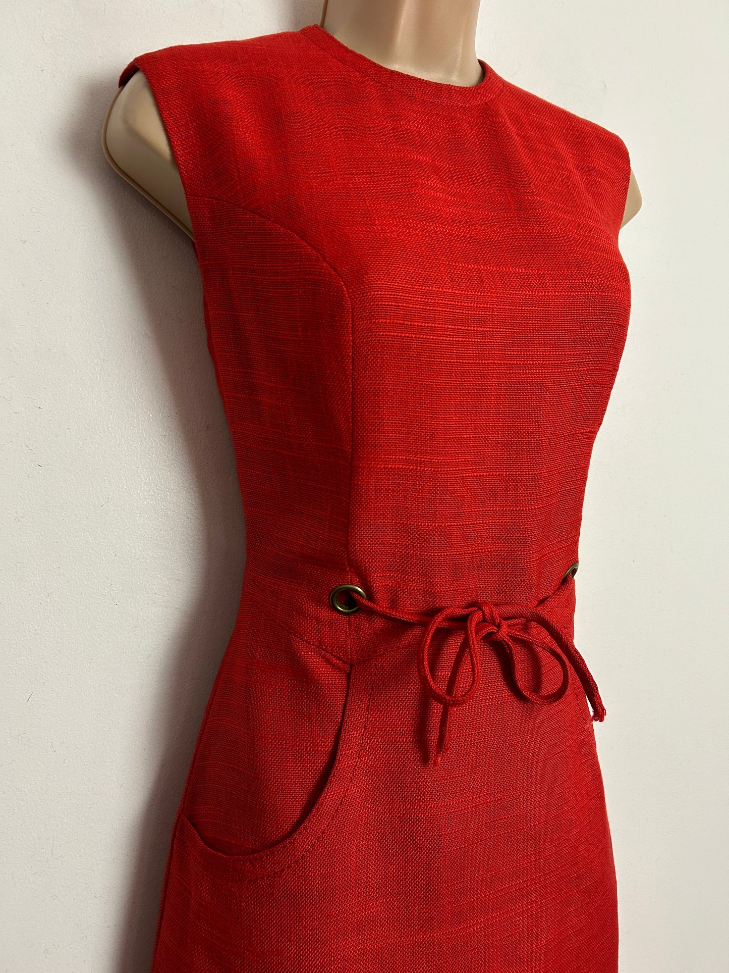 Vintage 1960s UK Size 8 Red Woven Viscose Sleeveless Tie Waisted Mod Shift Dress