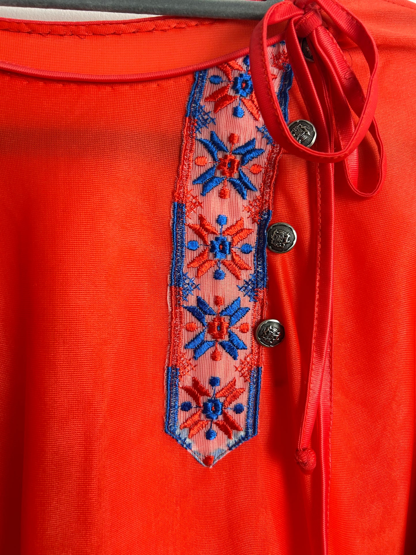 Vintage 1970s Size 12-14 Red Nylon Long Sleeve Embroidered Braid Detail Boho Top