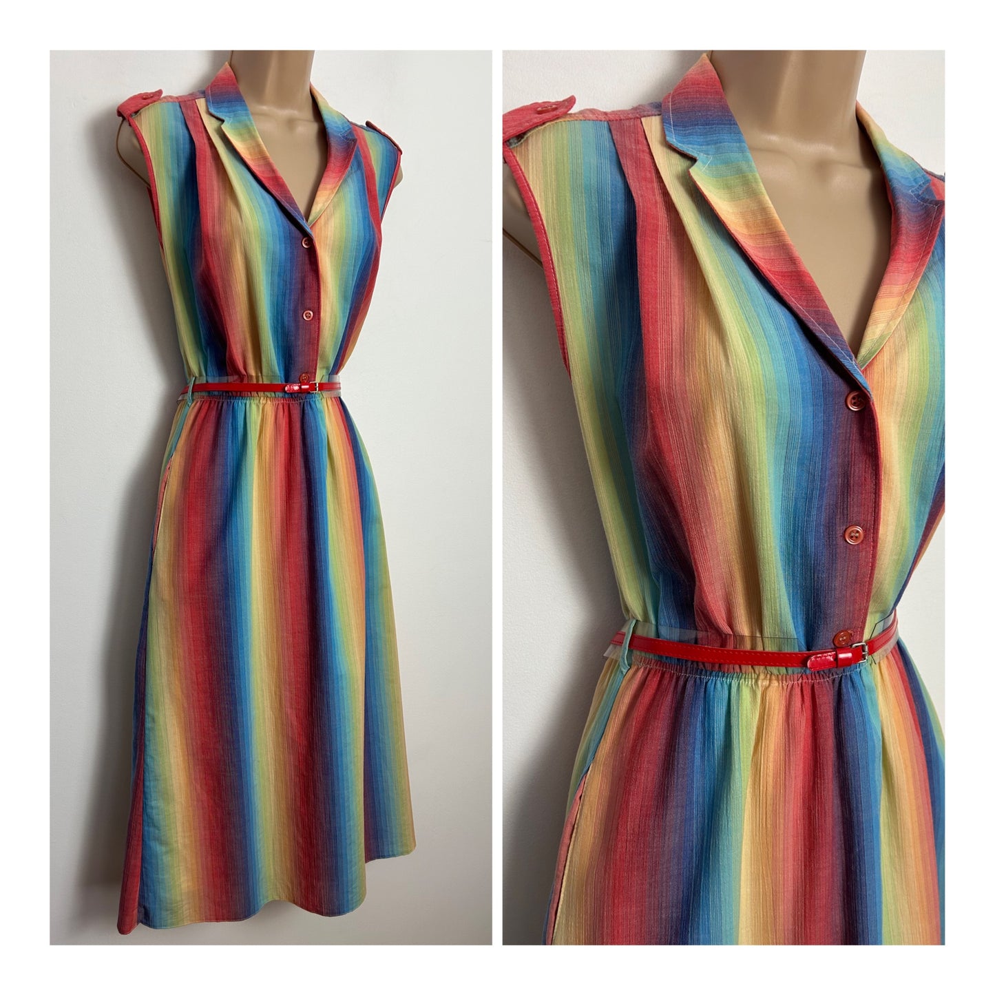 Vintage Early 1980s UK Size 10 Orange Red Yellow Green & Blue Stripe Print Belted Cotton Day Dress