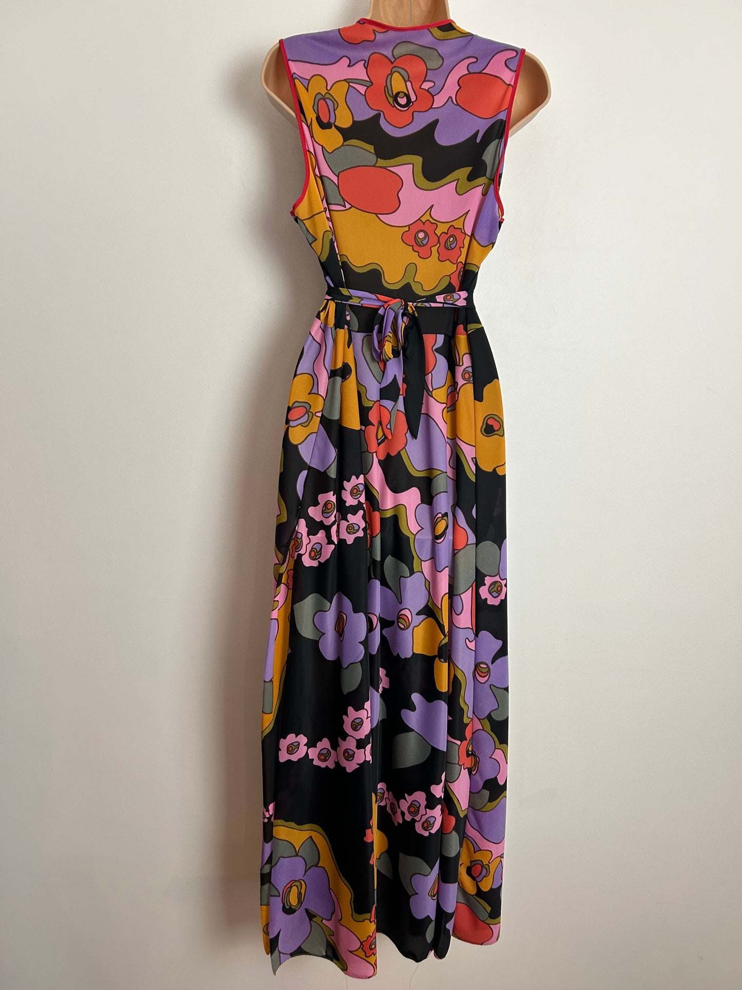 Vintage 1970s UK Size 14 Black Pink Lilac Orange & Mustard Yellow Lightweight Nylon Maxi Dress