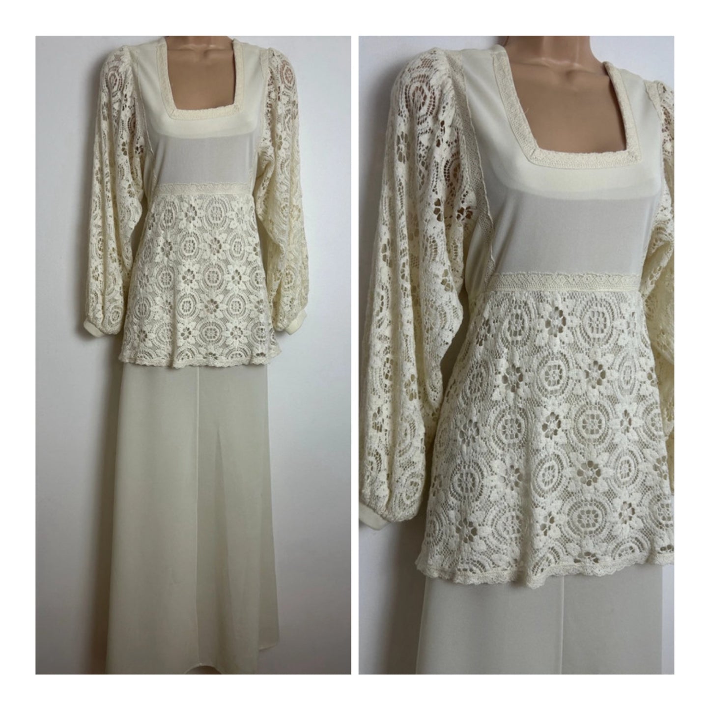 Vintage 1970s FREEMANS Size 10 Cream Lace Layered Long Sleeve Boho Occasion Maxi Dress