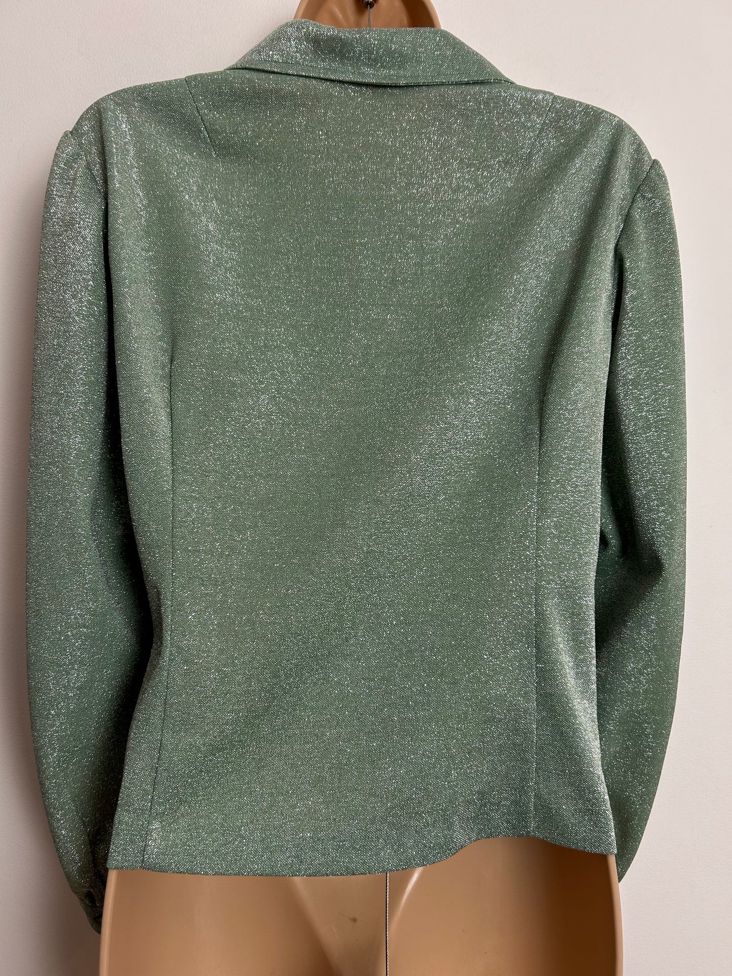 Vintage 1970s Size 10 Pale Green Glittery Lurex Wide Collared Long Sleeve Shirt/Blouse