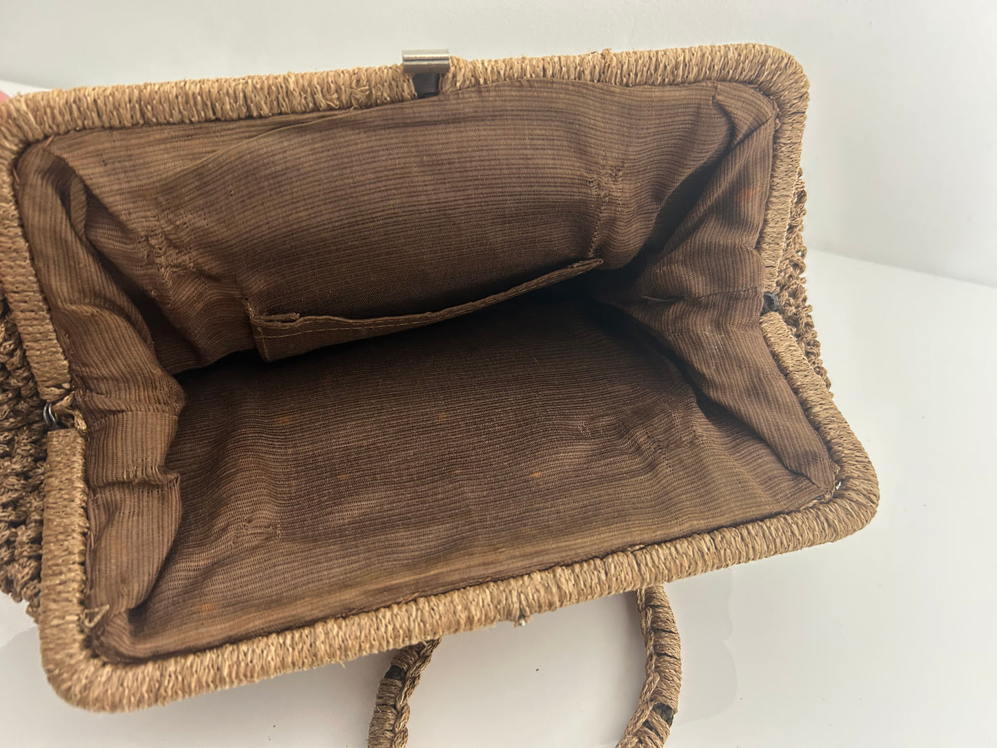 Vintage Late 1950s Pale Brown Woven Raffia Style Double Handle Handbag