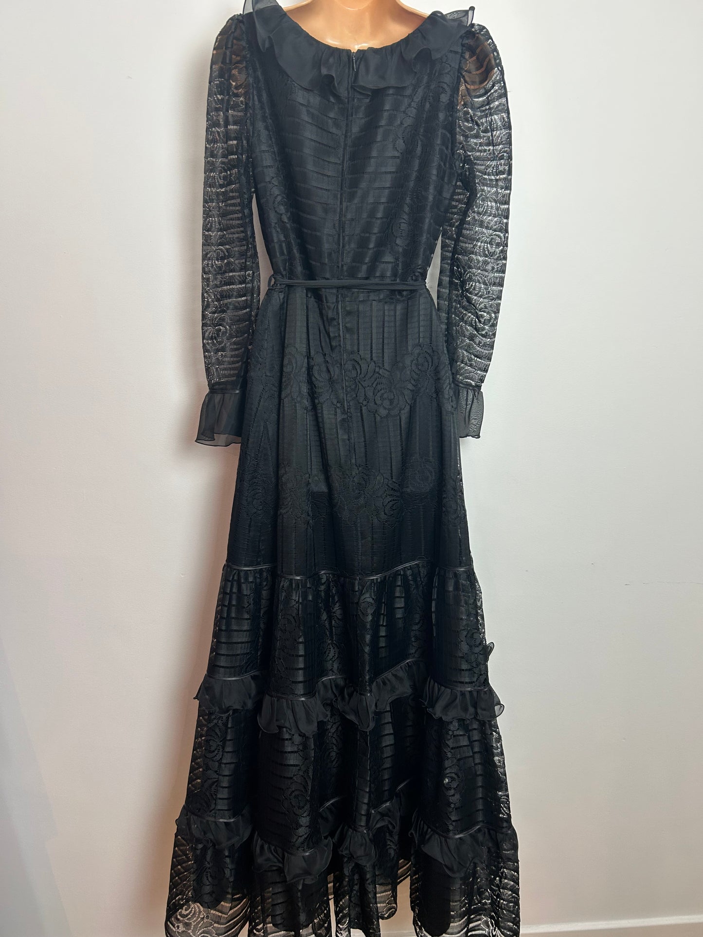 Vintage Early 1980s Size 12 Black Lace Long Sleeve Gothic Vibes Belted Prairie Maxi Dress