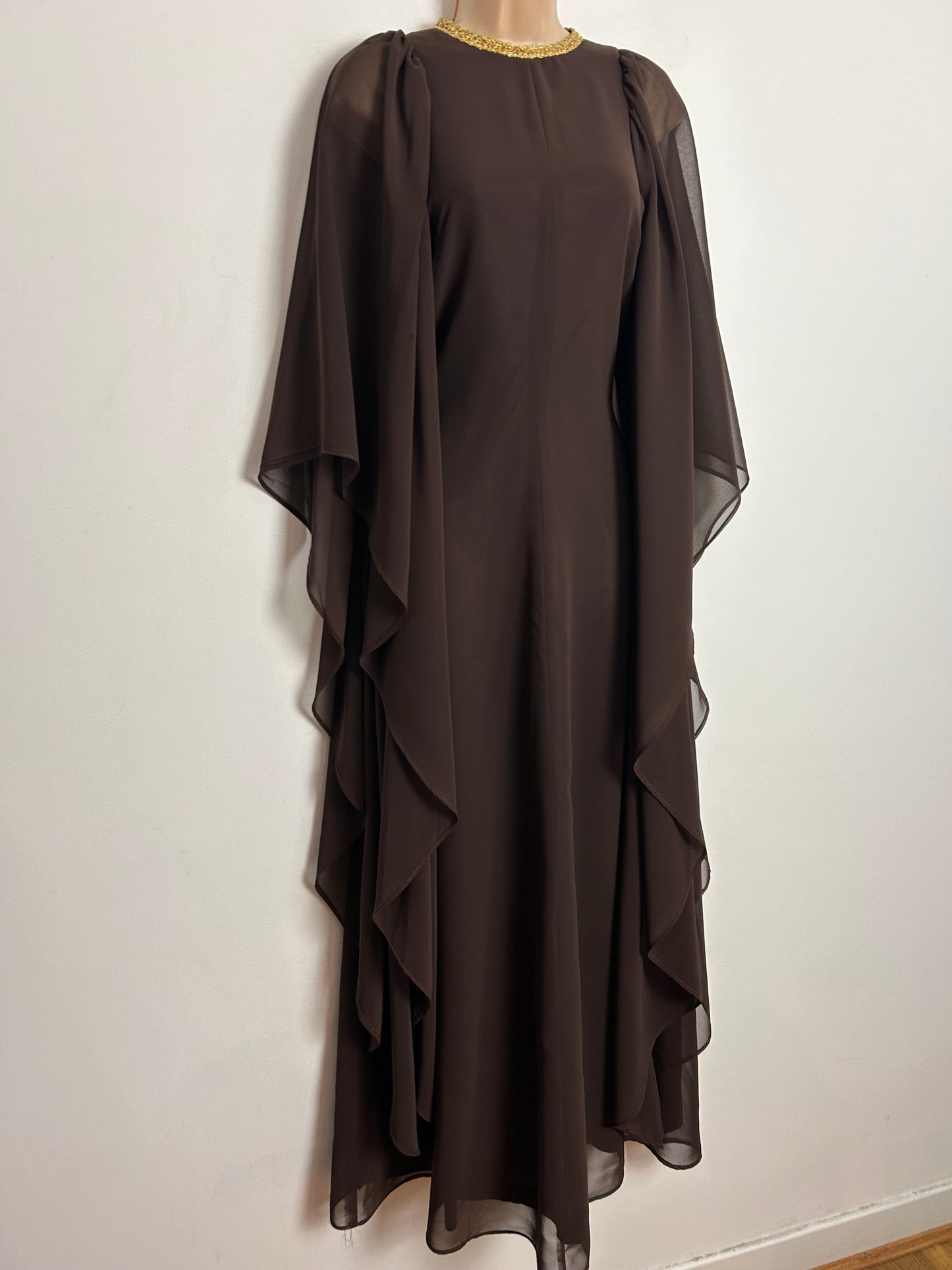 Vintage Late 1960s FIONA UK Size 10 Chocolate Brown Gold Braid Trim Very Wide Floaty Sleeve Occasion Maxi Dress