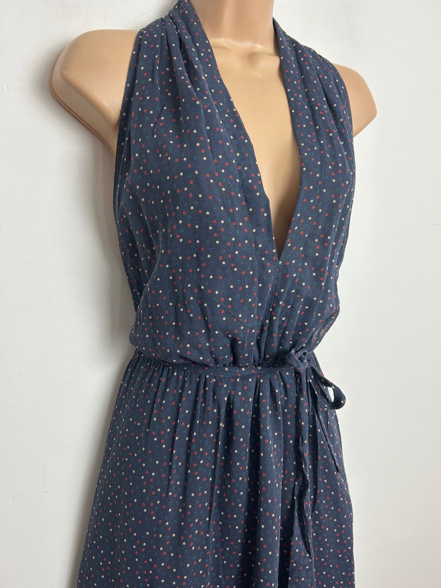 Vintage 1970s NUMBER FIVE Size 10 Dark Grey Red Polka Dot Halter Belted Summer Maxi Dress