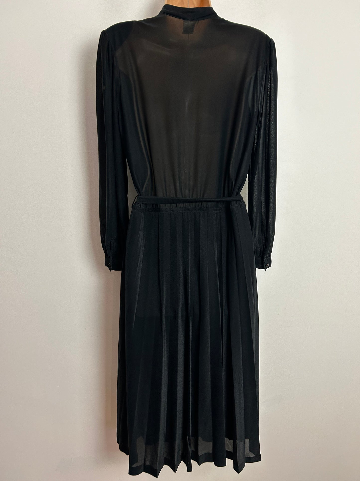 Vintage 1980s GARBO UK Size 12-14 Black Embroidered Semi Sheer Applique Detail Belted Pleated Day Dress