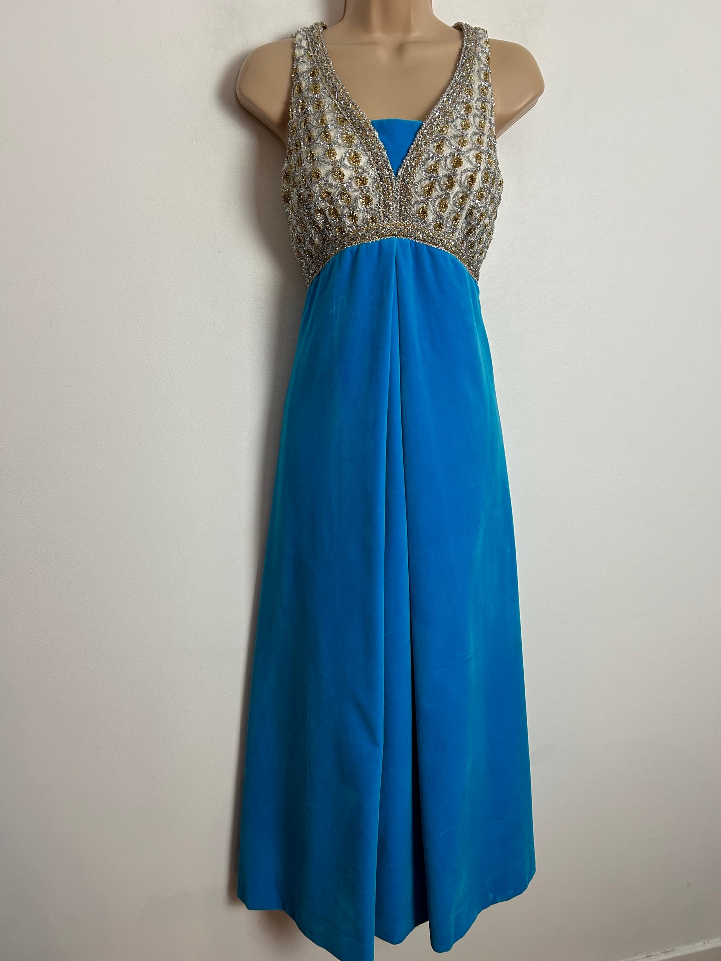 Vintage 1960s FRESH GENERATION UK Size 8 Turquoise Gold & Silver Velvet & Lace Occasion Evening Maxi Dress