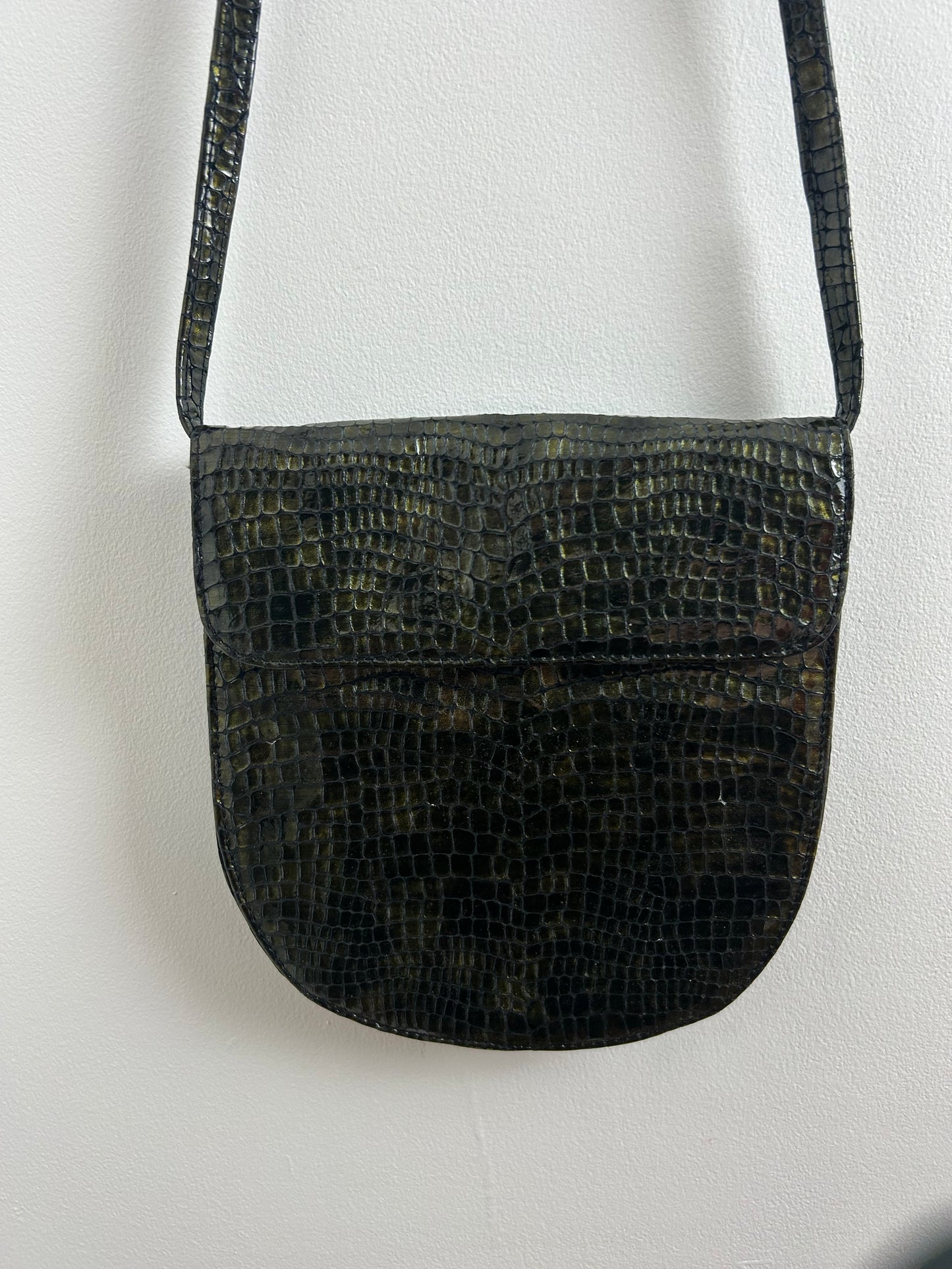 Vintage 1980s Cute Little Very Dark Green Mock Reptile Skin Shoulder Bag