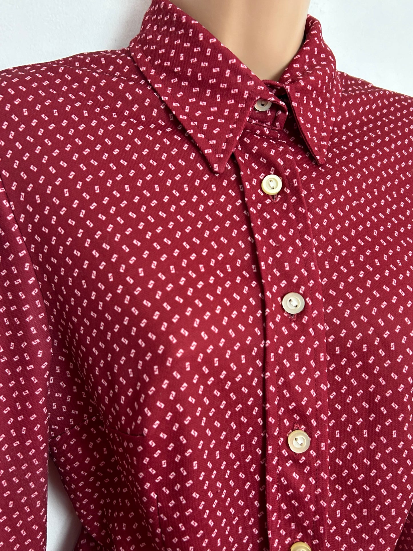 Vintage 1970s UK Size 12 Dark Red Geometric Print Long Sleeve Shirt