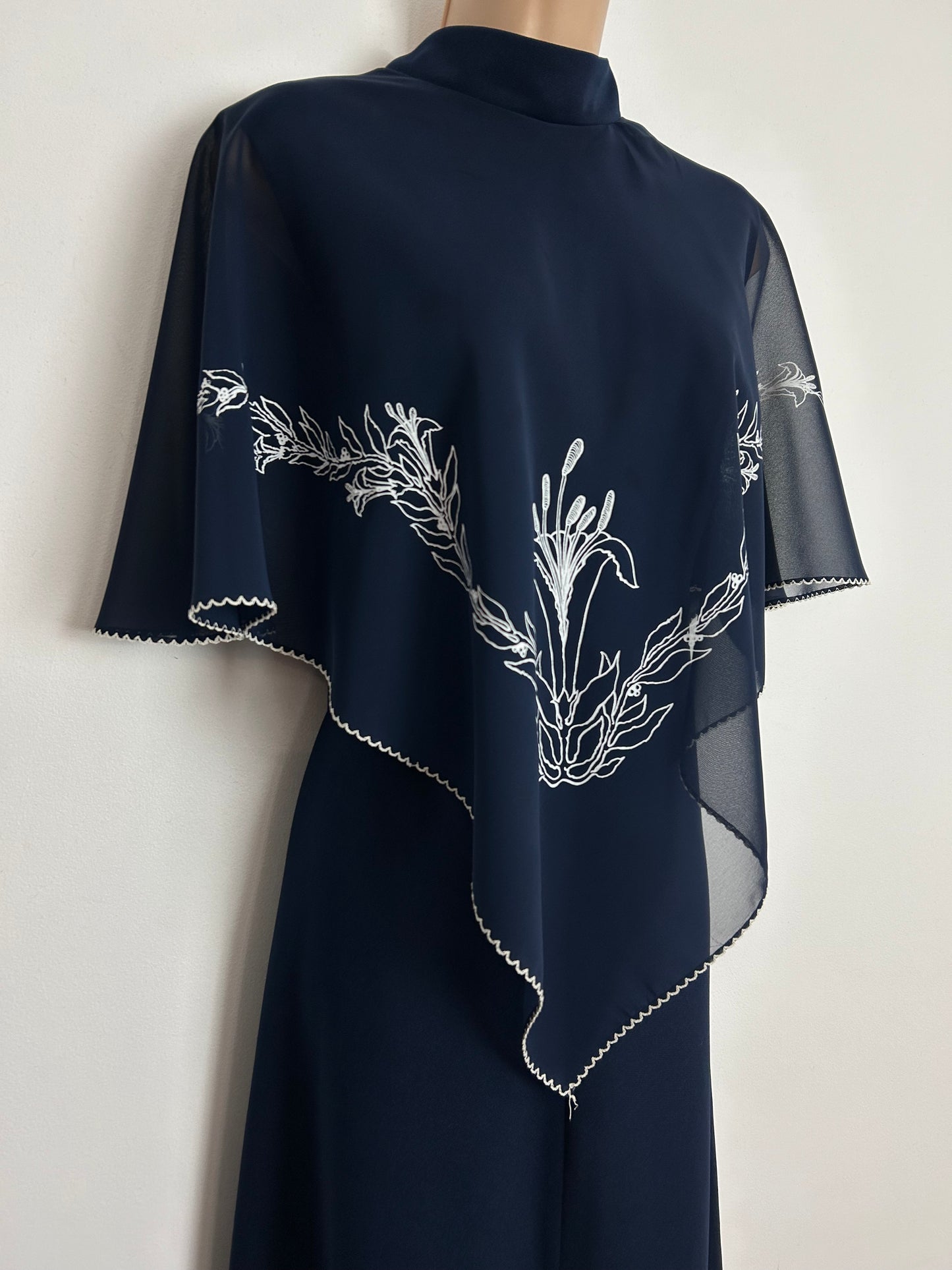 Vintage 1970s UK Size 14 Navy Blue Cape Sleeve Floral Pattern Boho Maxi Dress